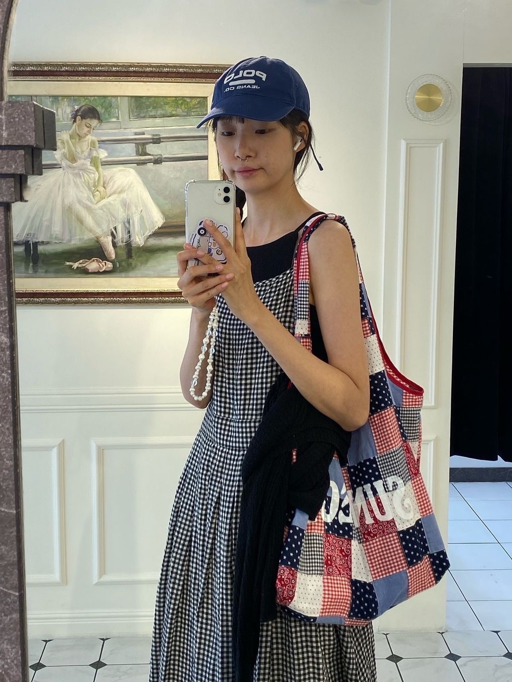 SUNNECT Madras Shopper Bag Red 착용 스타일