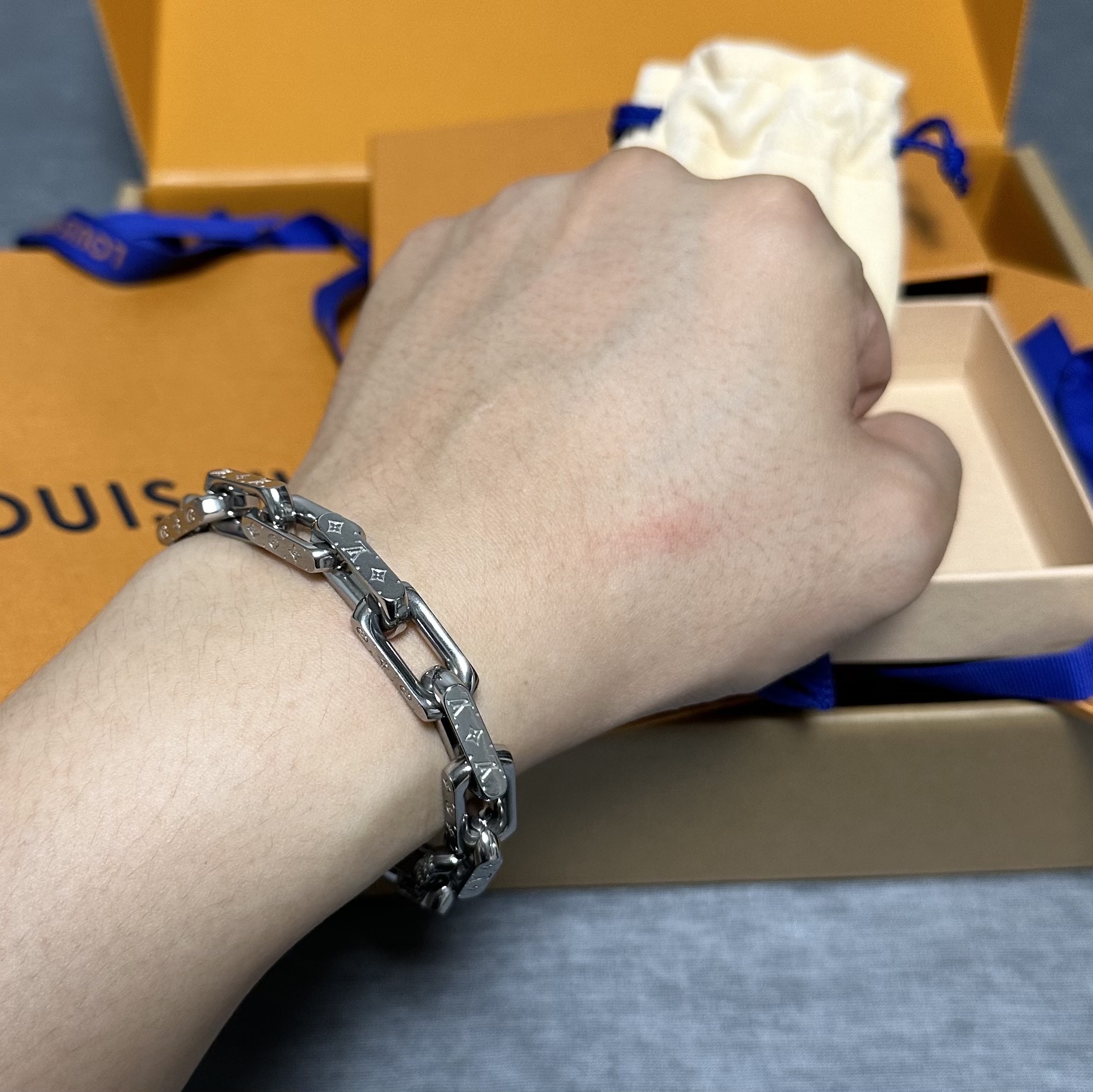 Louis Vuitton Monogram Chain Bracelet Silver 착용 스타일 - 1