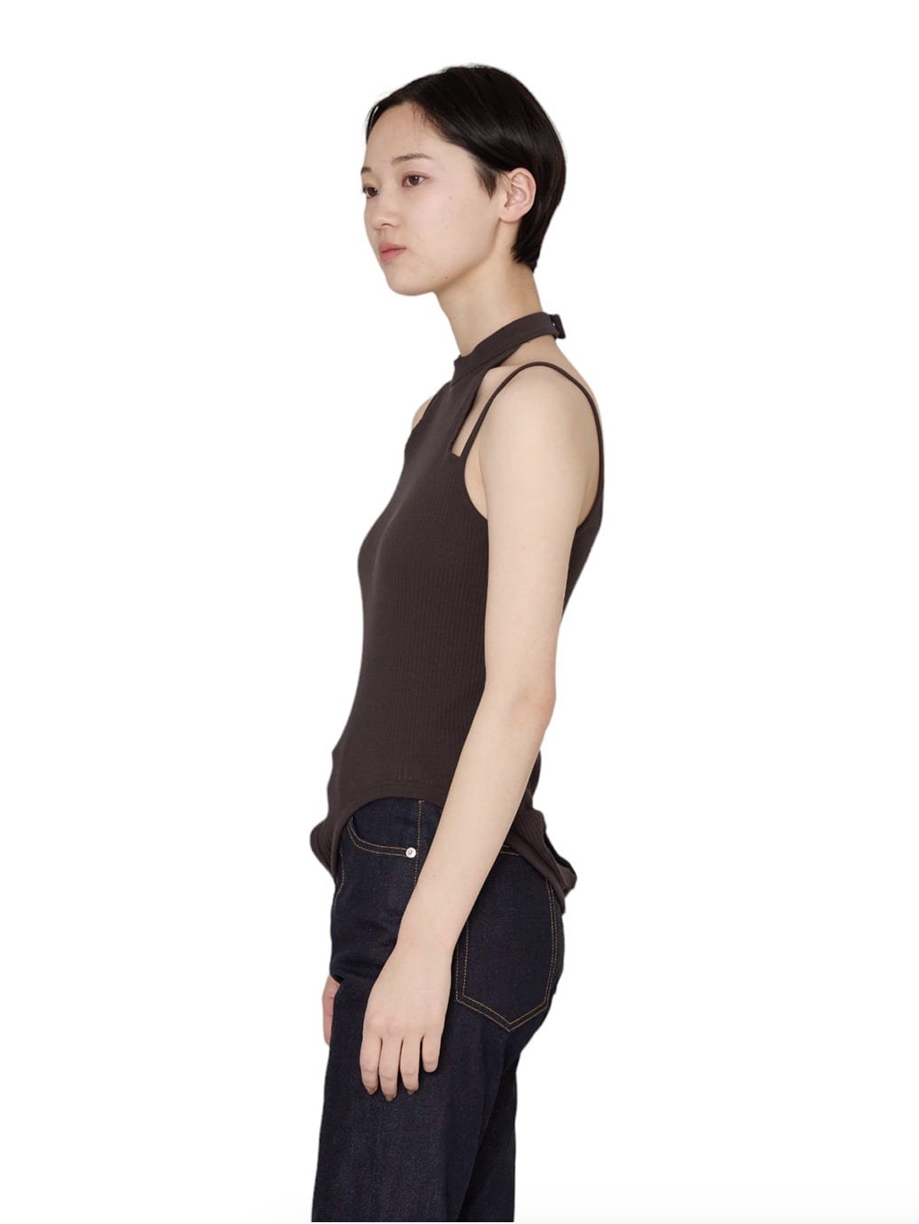 Beautiful People Women Double-End Sheer Rib Jersey Tank Top Charcoal 착용 스타일 - 3