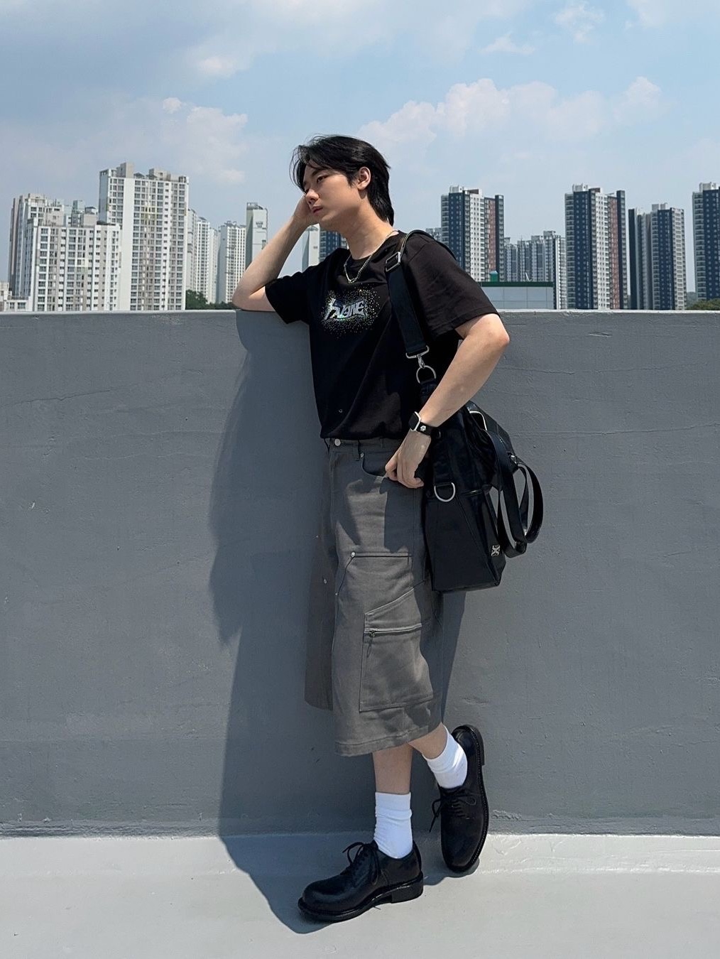 Haleine Carpenter Cargo Bermuda Shorts Grey (VB206), Haleine Carpenter Cargo Bermuda Shorts Black (VB205) 착용 스타일