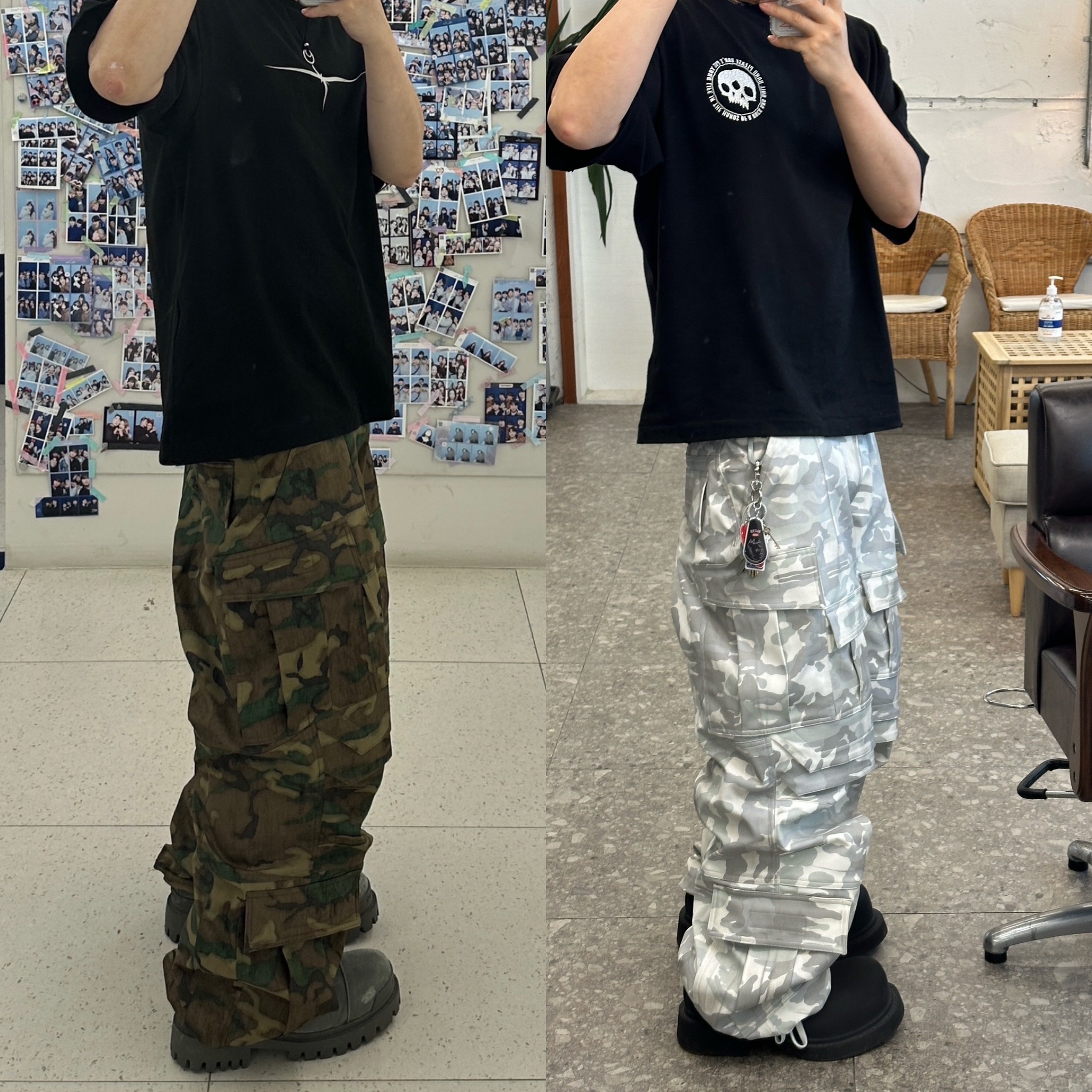 Farfromwhat Far Camo Cargo Pants White, Farfromwhat Far Camo Cargo Pants Green 착용 스타일
