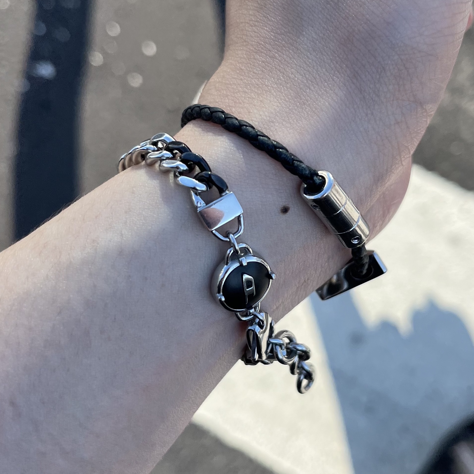 Diesel Dx1498 Two-Tone Stainless Steel Chain Bracelet Black, (W) Prada Braided Nappa Leather Bracelet Black 착용 스타일