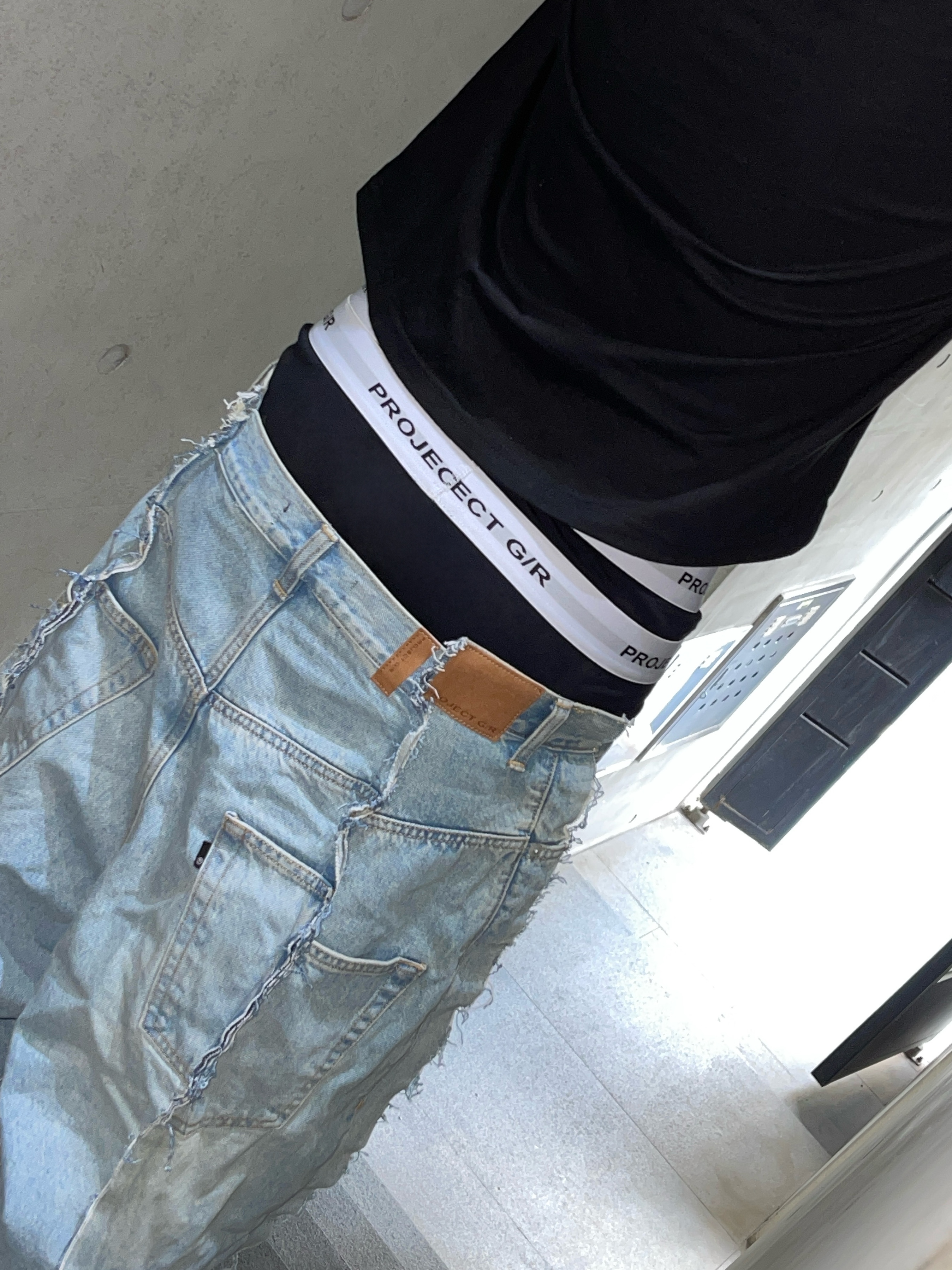 Project G/R Double Band Underwear White Grey Black (3 Pack), Project G/R Upcyling Denim Pants Blue 착용 스타일 - 2