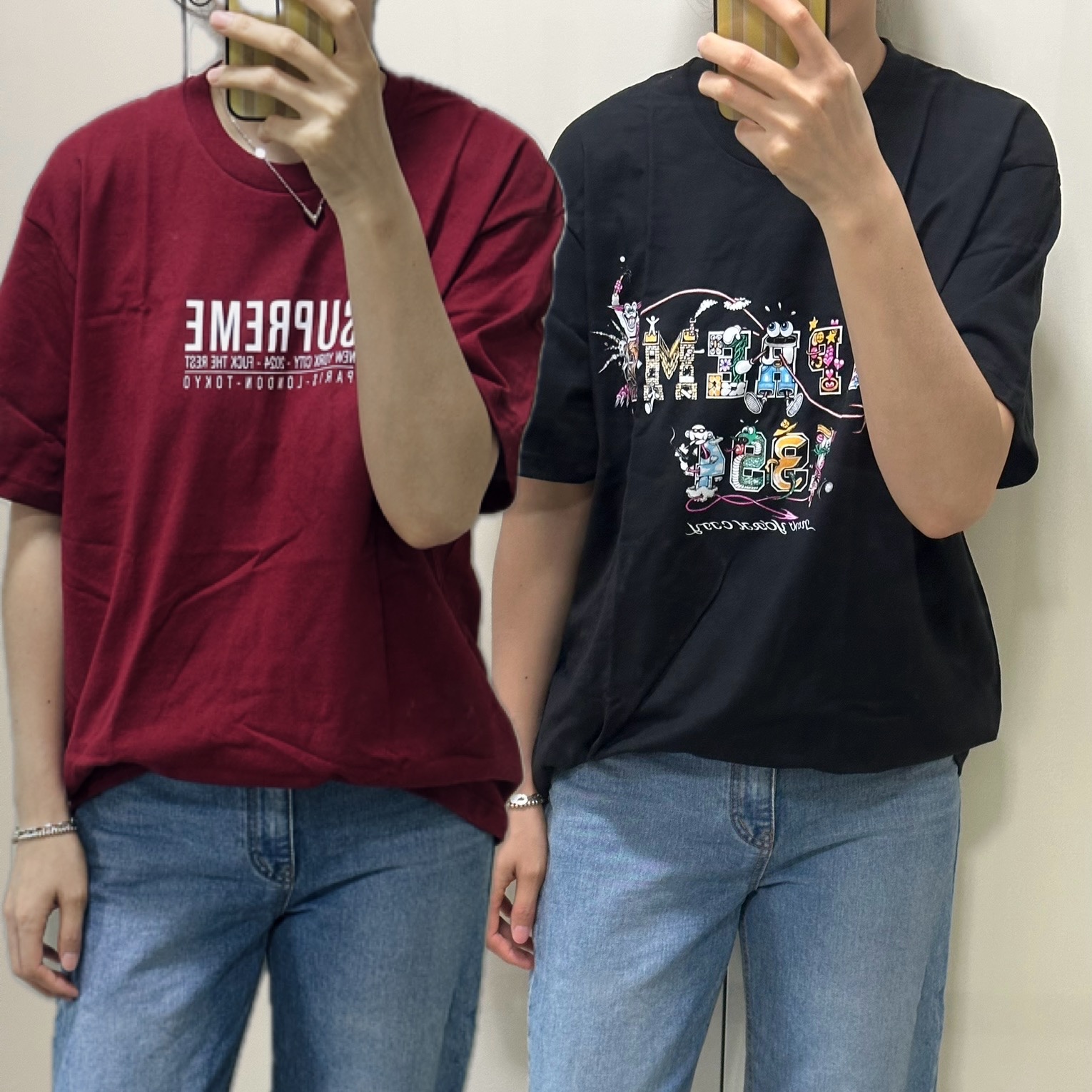 Supreme Paris T-Shirt Cardinal - 24SS, Supreme Varsity T-Shirt Black - 24SS 착용 스타일 - 2