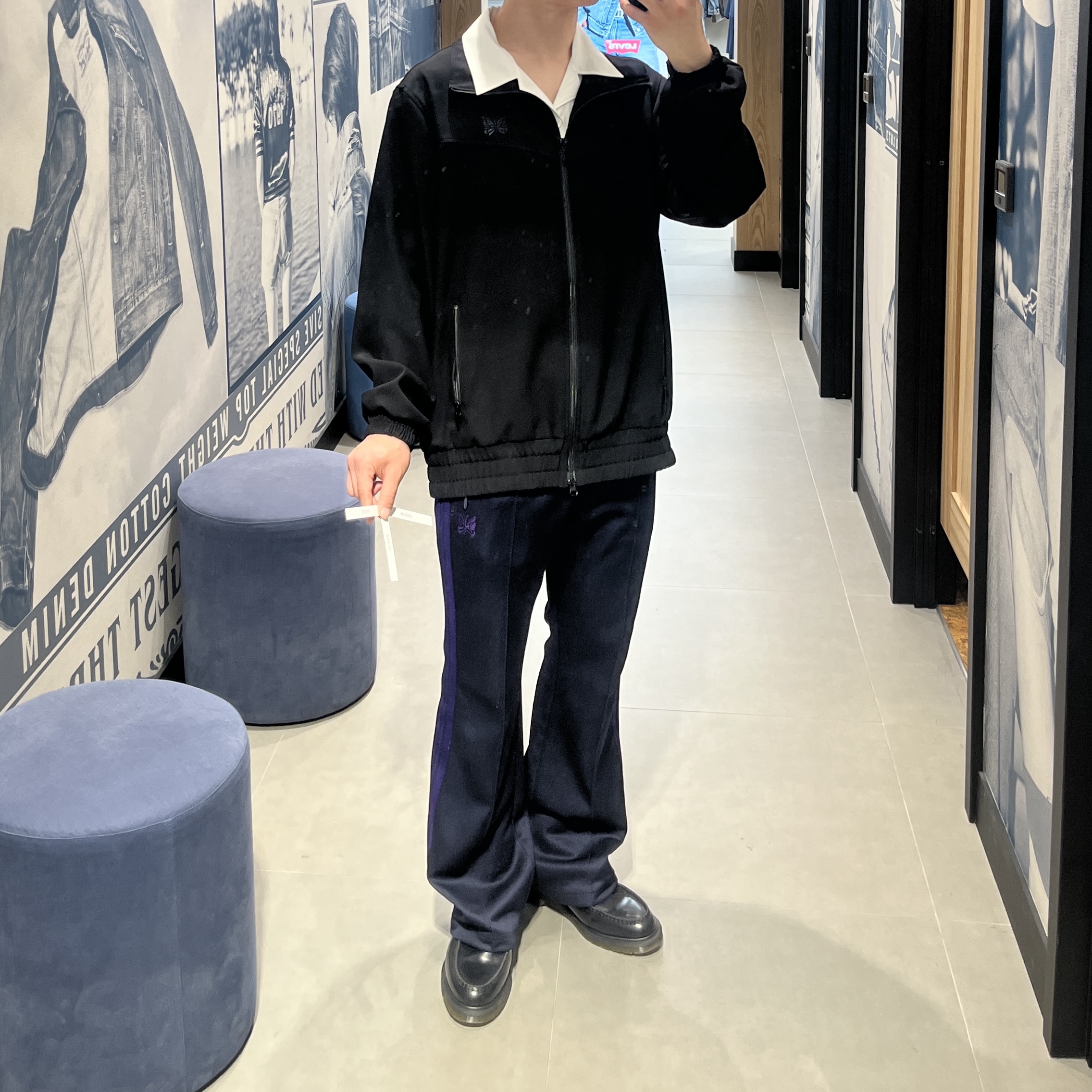 Dr. Martens Adrian Polished Smooth Leather Tassel Loafers Black, Needles Boot-Cut Track Pants Poly Smooth Navy 착용 스타일