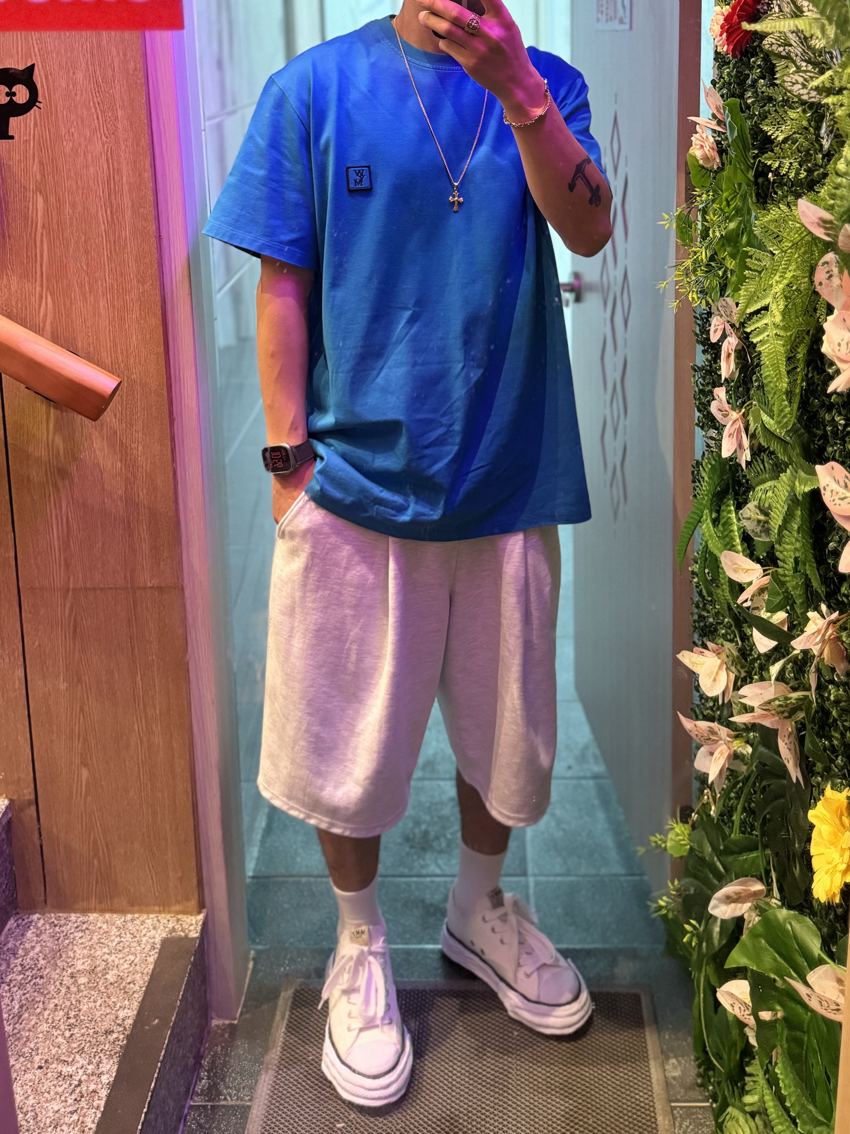 Maison Mihara Yasuhiro Peterson23 OG Sole Canvas Low-top Sneakers White, Wooyoungmi Cotton Back Logo T-Shirt Blue - 23SS 착용 스타일