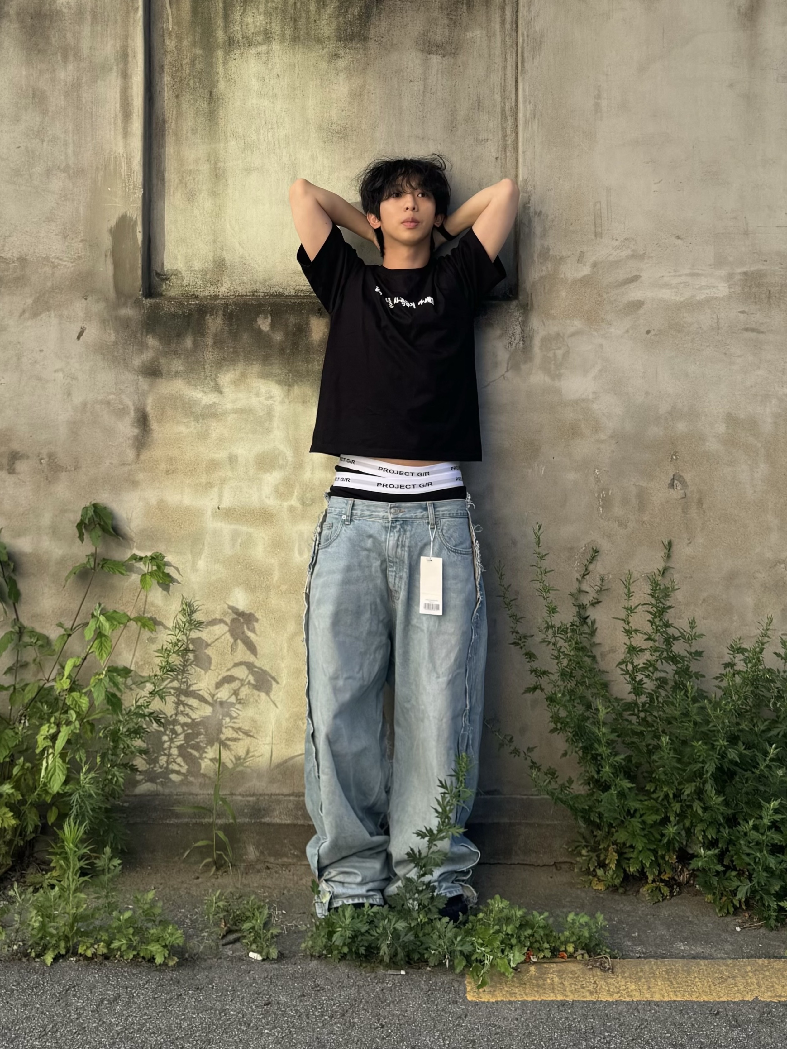 Project G/R Double Band Underwear White Grey Black (3 Pack), Project G/R Upcyling Denim Pants Blue 착용 스타일 - 3