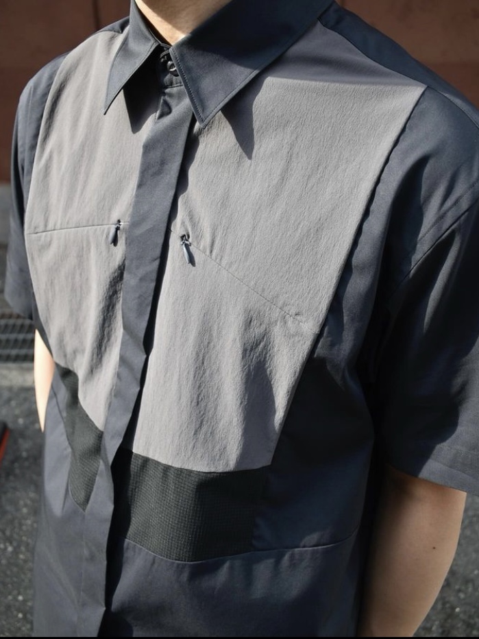 Fumito Ganryu Kinetic Bosom Half Sleeve Shirt Black Charcoal Gray 착용 스타일 - 5