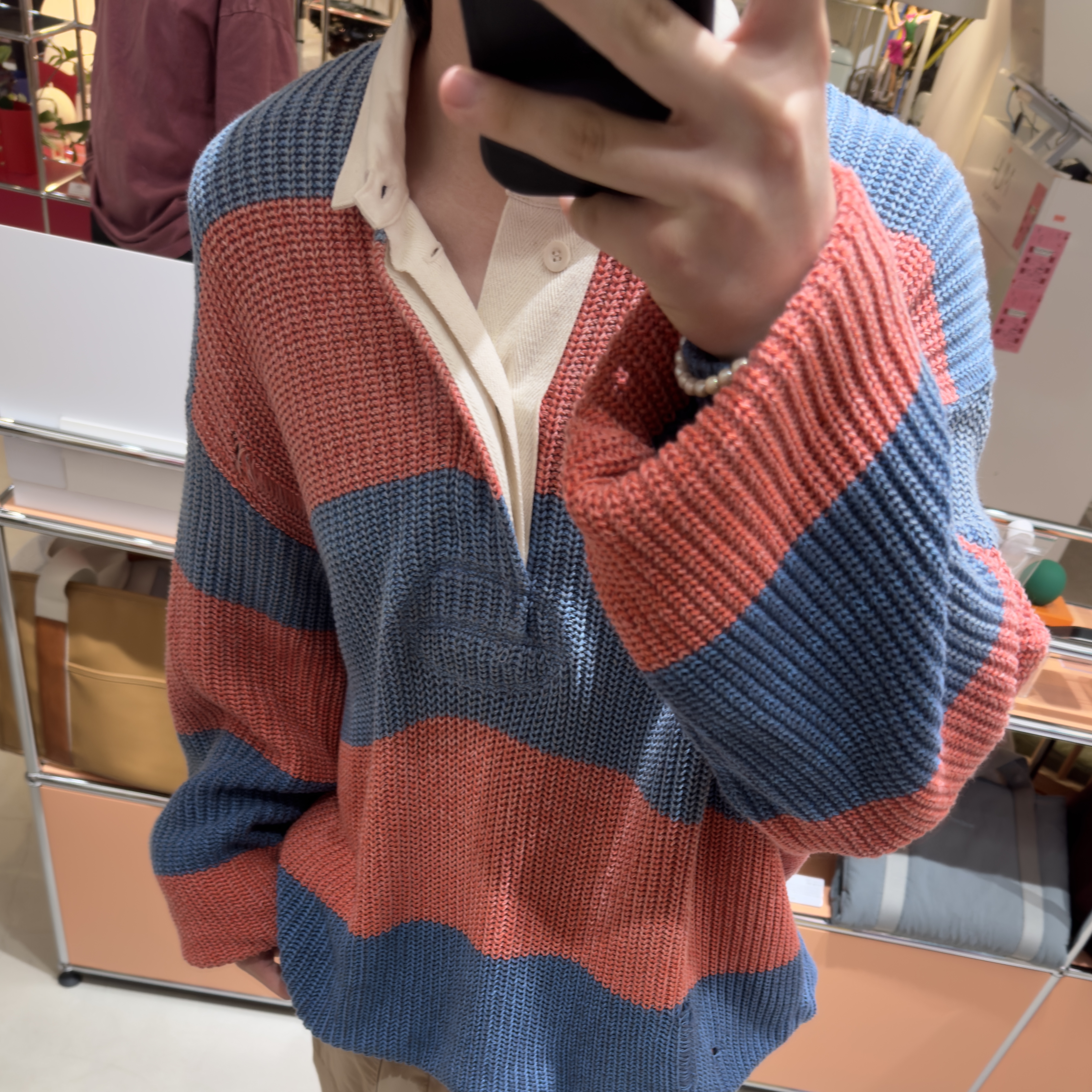 Kapital 5G Cotton Knit Rugby Shirt Saxophone Red 착용 스타일