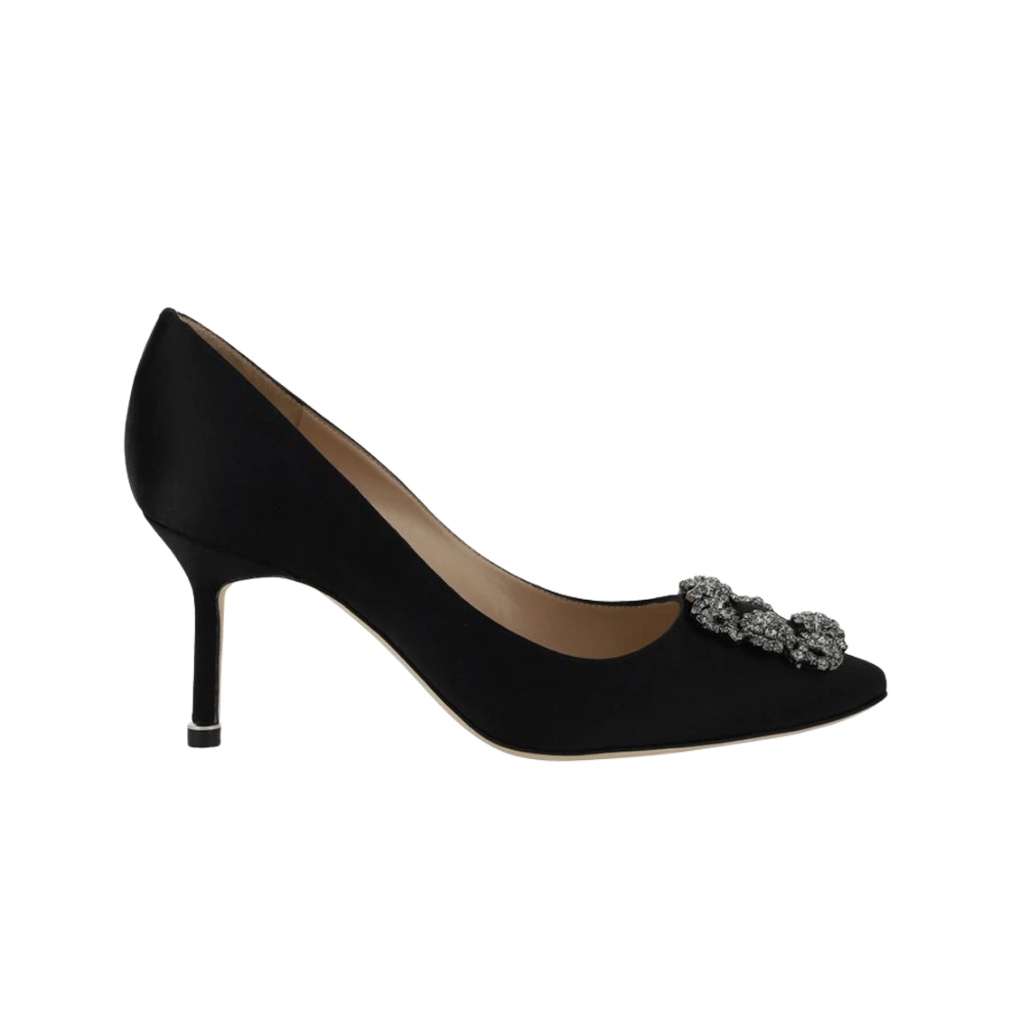 (W) 마놀로 블라닉 한기시 70 사틴 쥬얼 버클 펌프스 블랙((W) Manolo Blahnik Hangisi 70 Black Satin Jewel Buckle Pumps)