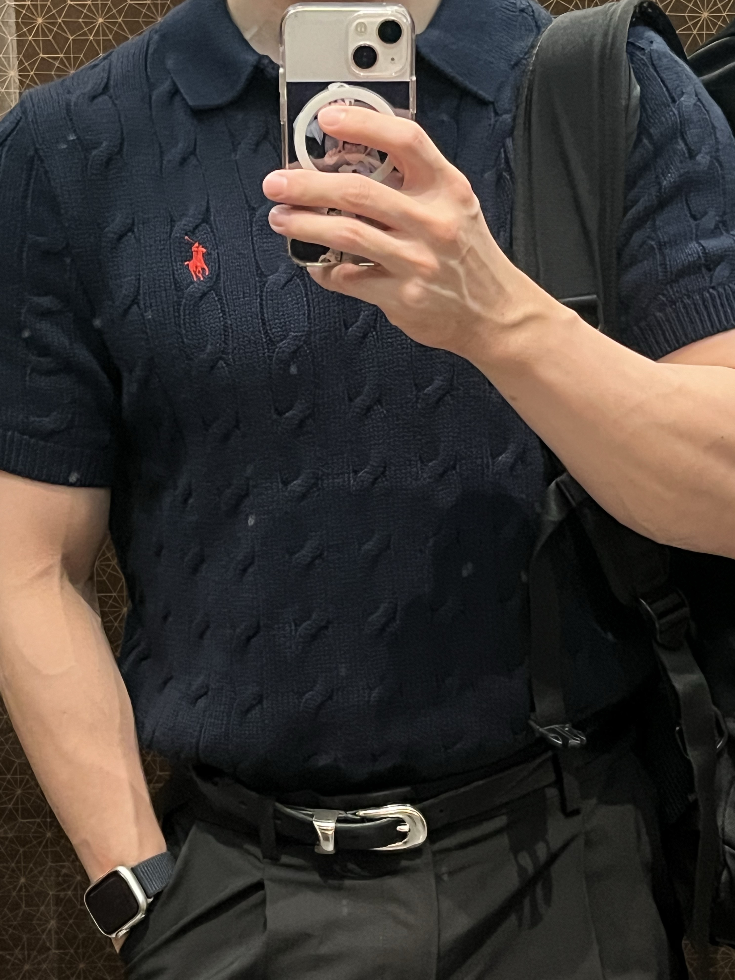 Polo Ralph Lauren Custom Slim Fit Mesh Polo Shirt Black, Our Legacy Belt 2cm Leather Black 착용 스타일