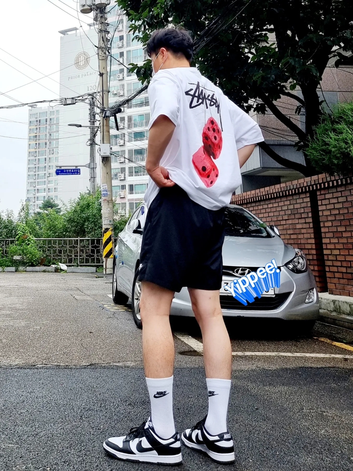 Stussy Fuzzy Dice T-Shirt White, Nike Dunk Low Retro Black 착용 스타일