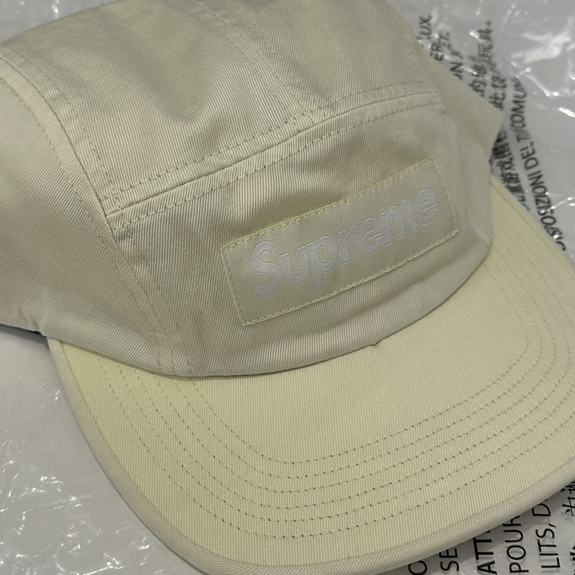 Supreme Washed Chino Twill Camp Cap Light Yellow - 24SS 착용 스타일