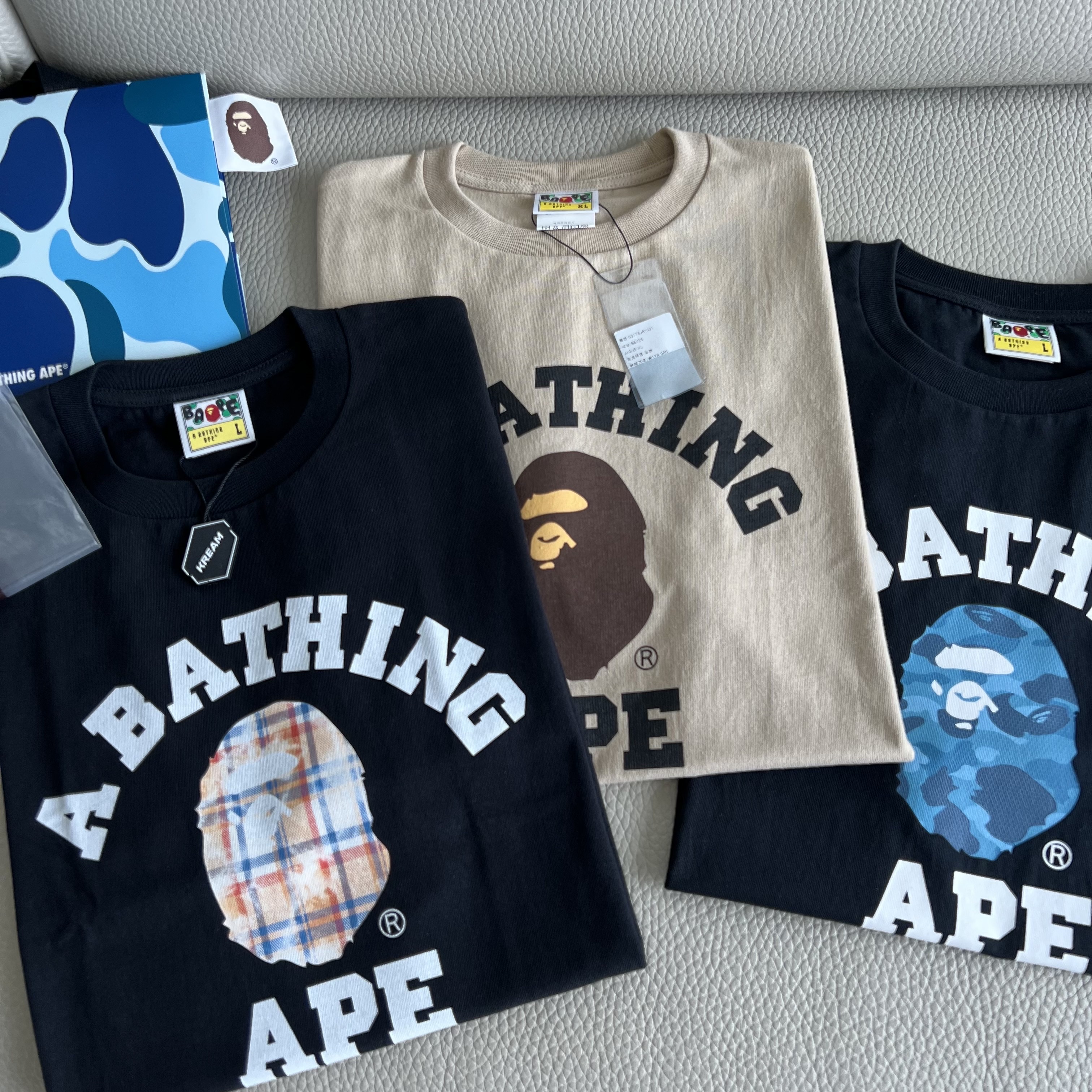 BAPE Bleached BAPE Check College T-Shirt Black, BAPE ABC Camo College T-Shirt Black Blue 착용 스타일