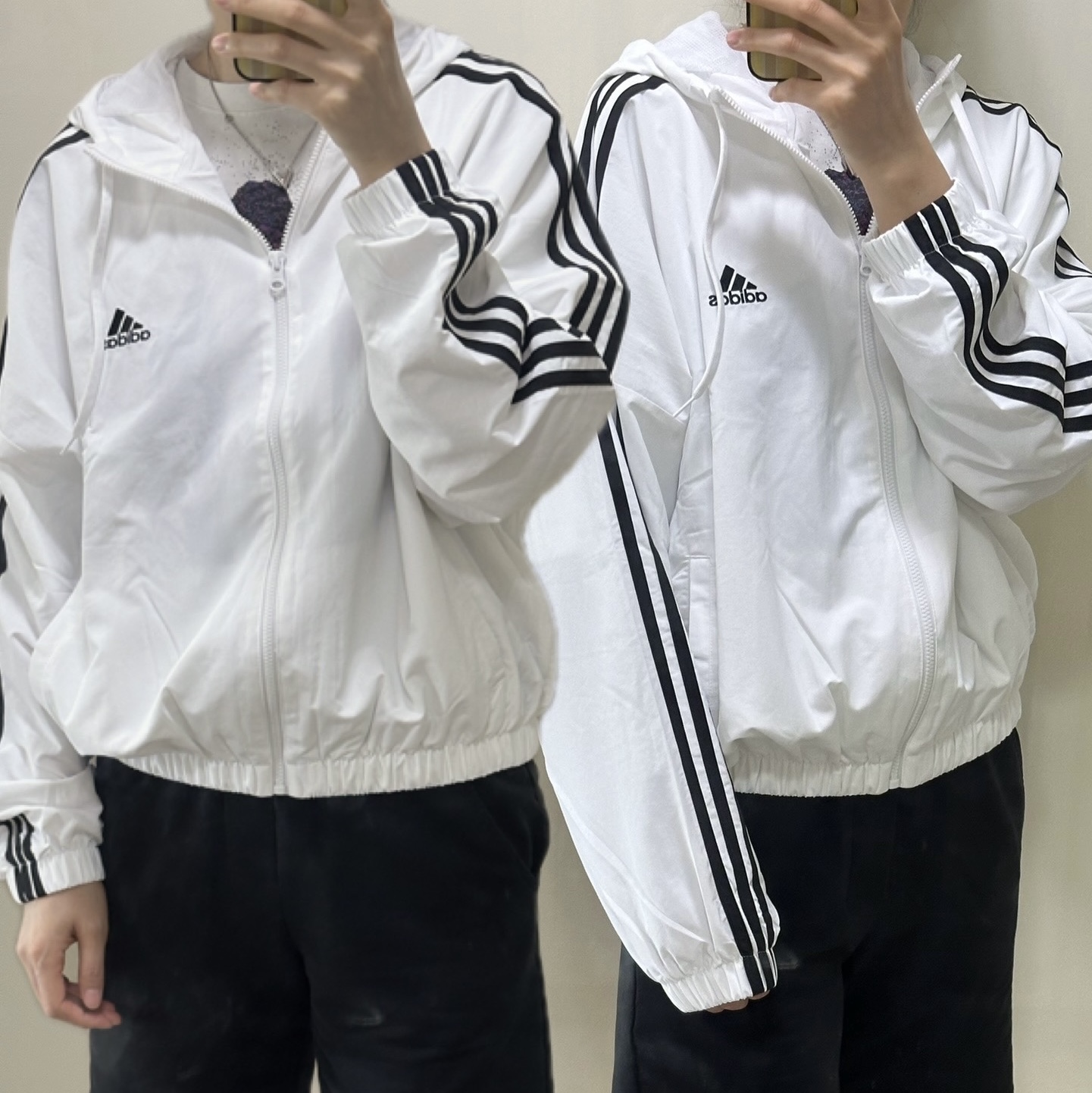 (W) Adidas Essential 3-Stripes Woven Windbreaker Jacket White - KR Sizing, (W) Adidas Essential 3-Stripes Woven Windbreaker Jacket White - US Sizing 착용 스타일 - 2