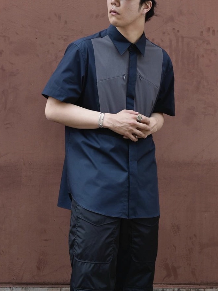 Fumito Ganryu Kinetic Bosom Half Sleeve Shirt Black Charcoal Gray 착용 스타일 - 2