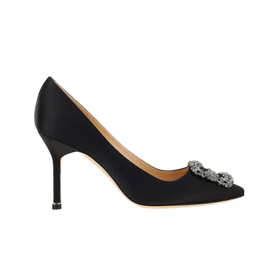 (W) 마놀로 블라닉 한기시 90 사틴 쥬얼 버클 펌프스 블랙((W) Manolo Blahnik Hangisi 90 Black Satin Jewel Buckle Pumps)