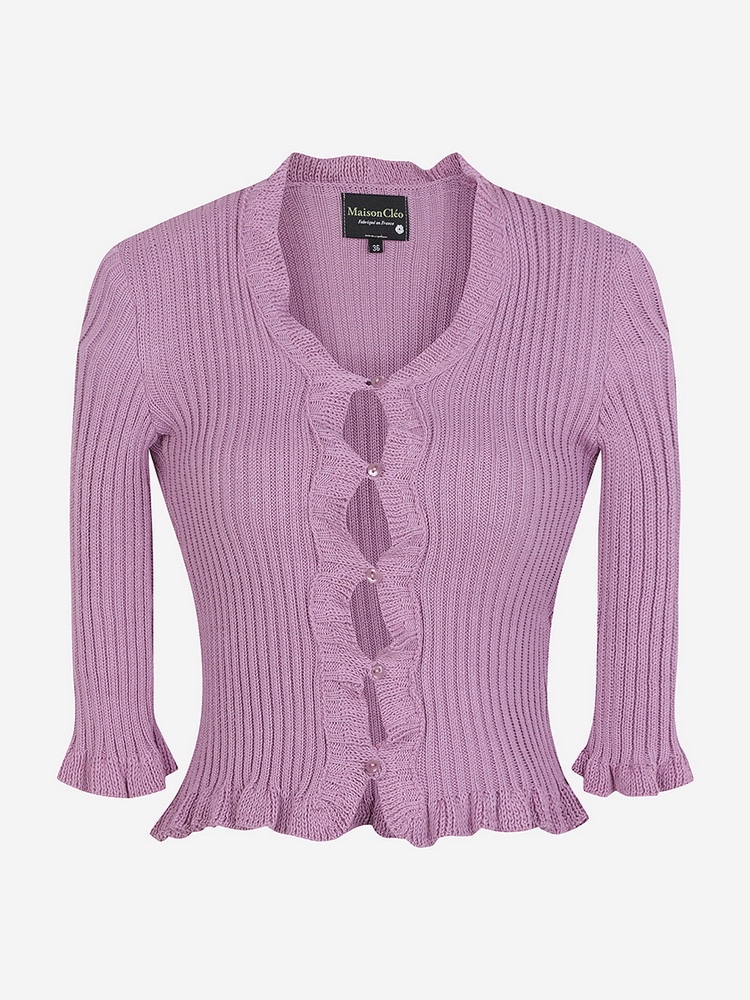 [KREAM 단독] Maison Cleo Women Lilac Organic Bamboo Knitted Mi-Long Sleeves Ruffled Cardigan Pink 착용 스타일 - 6