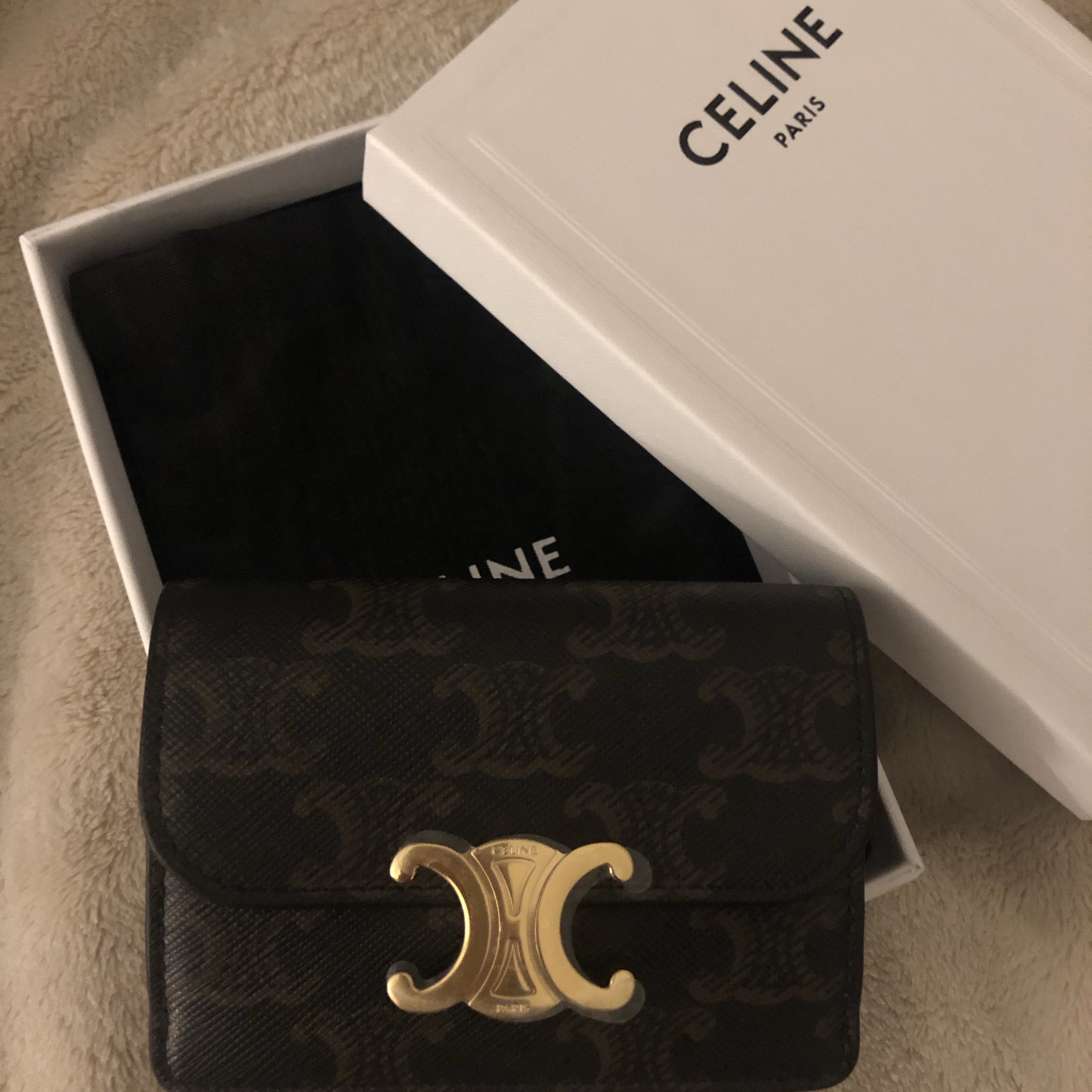 Celine Card Holder with Flap in Triomphe Canvas Tan 착용 스타일