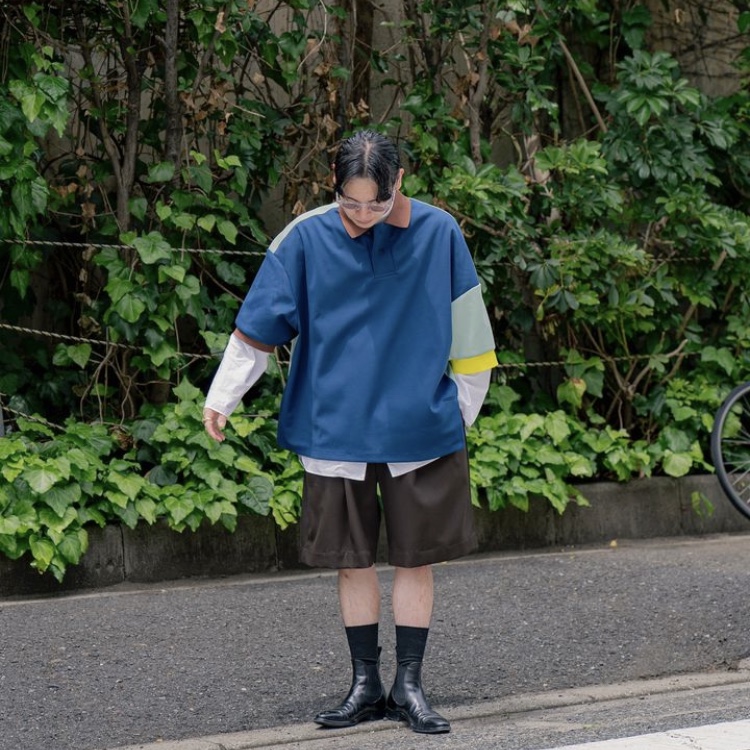 Fumito Ganryu Graffiti Polo Shirt Navy 착용 스타일 - 2