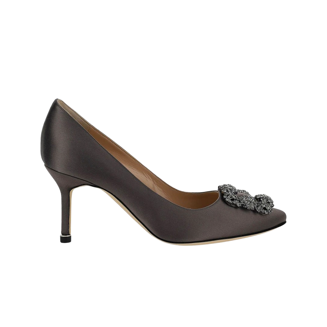 9XX-0662-0212 (W) Manolo Blahnik Hangisi 70 Grey Satin Jewel Buckle Pumps