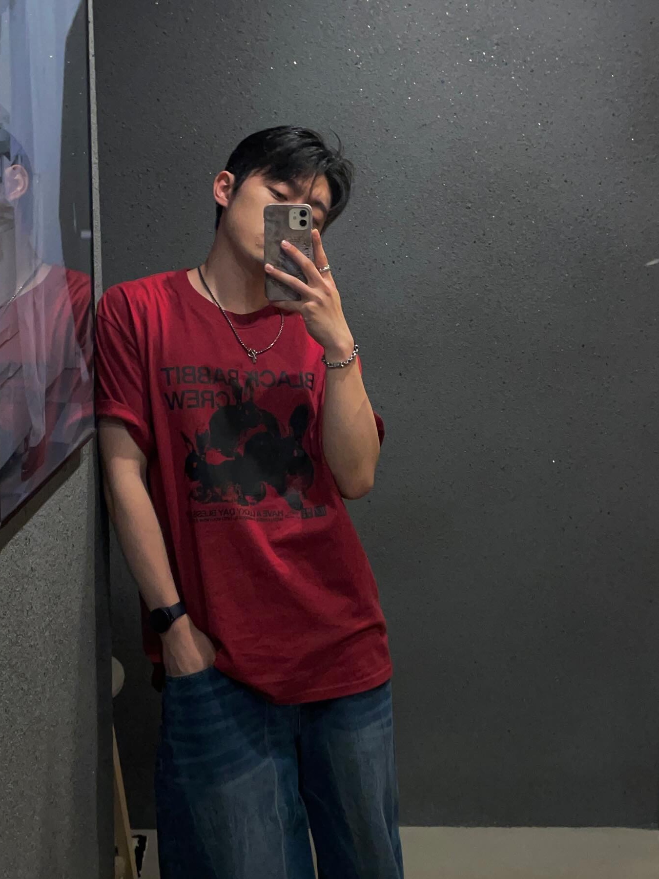 Millo Archive Reflect Curved Pants Mid Blue, Millo Archive Central Prey T-Shirts Deep Red 착용 스타일 - 3