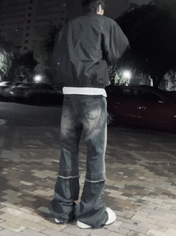 OMO Layered Flared Jean Mud Blue, Undermycar Acer Padded Shoulder Crop Blouson Ebony - 23FW 착용 스타일 - 2