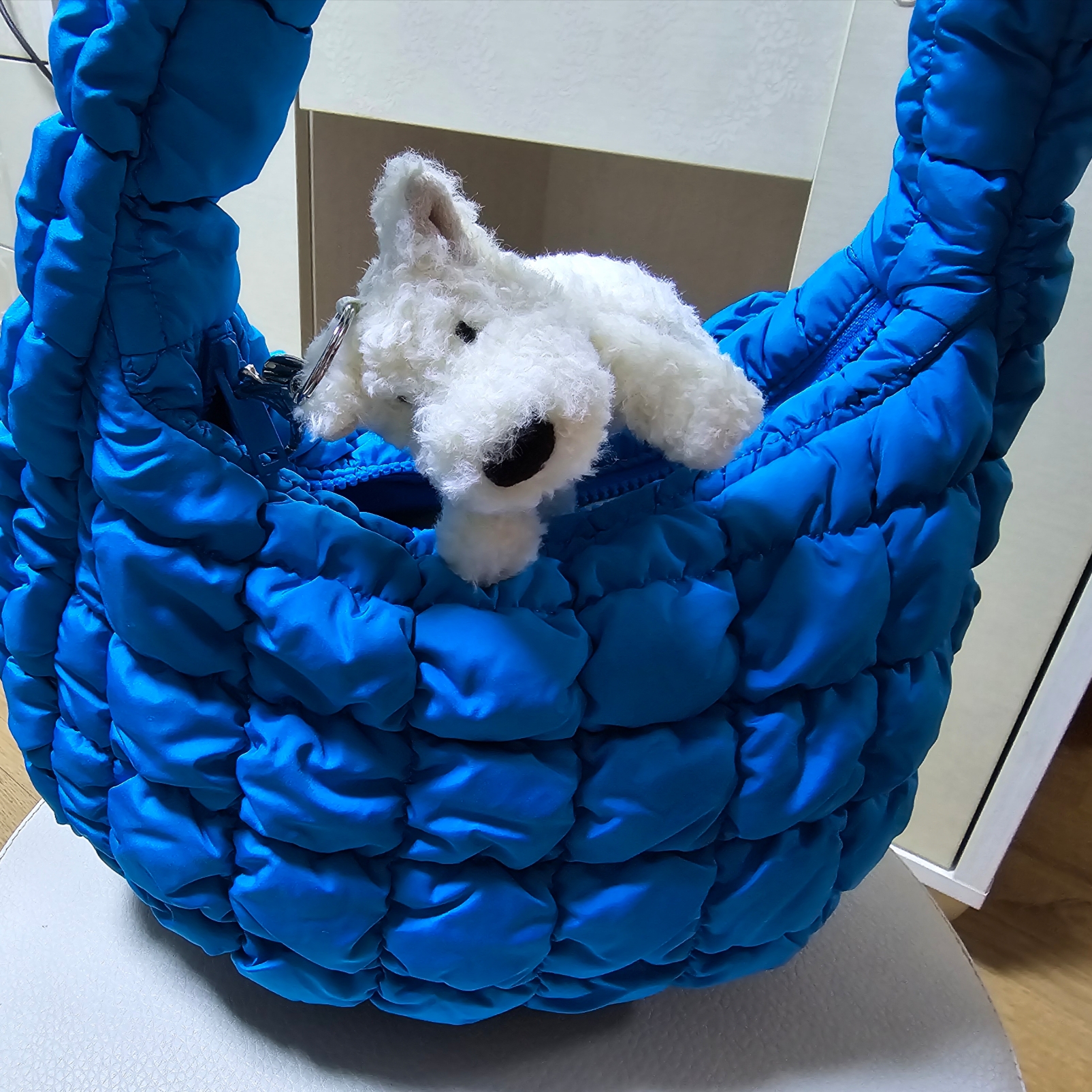 Jellycat Munro Scottie Dog Bag Charm Cream, COS Quilted Mini Bag Bright Turquoise 착용 스타일 - 1