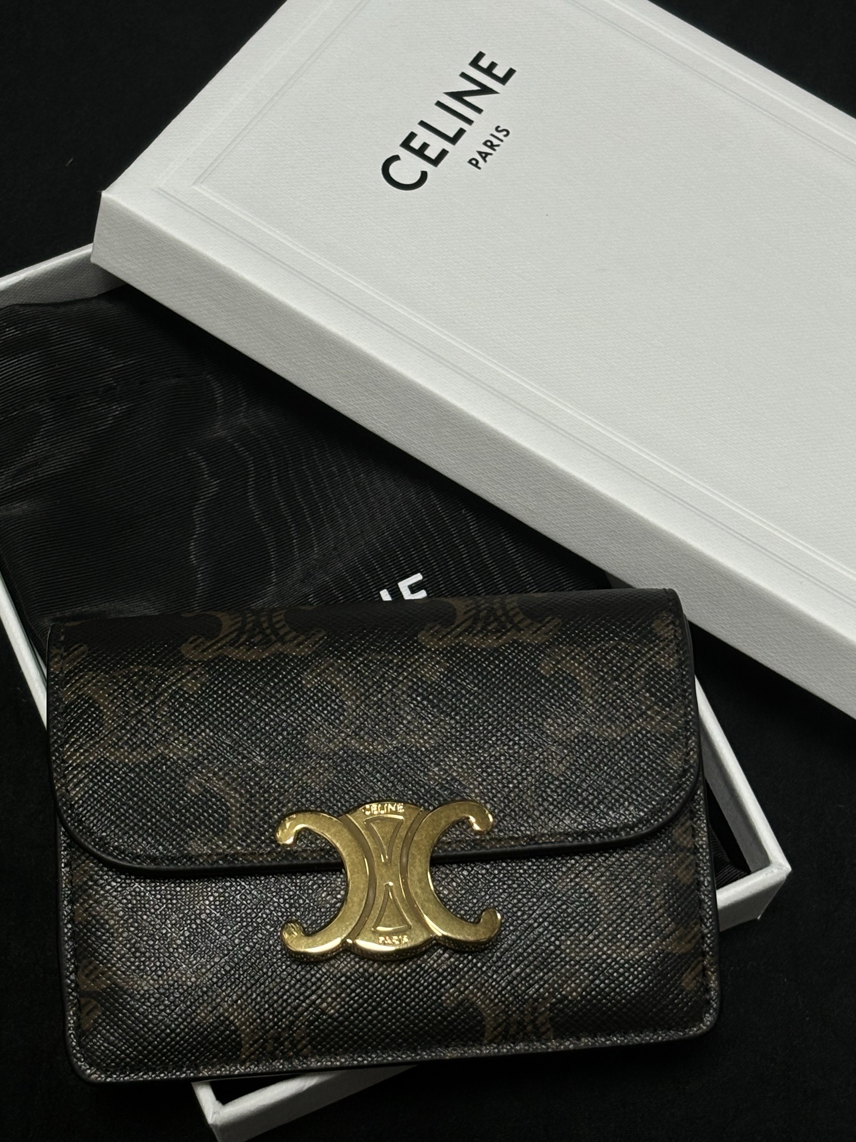 Celine Card Holder with Flap in Triomphe Canvas Tan 착용 스타일