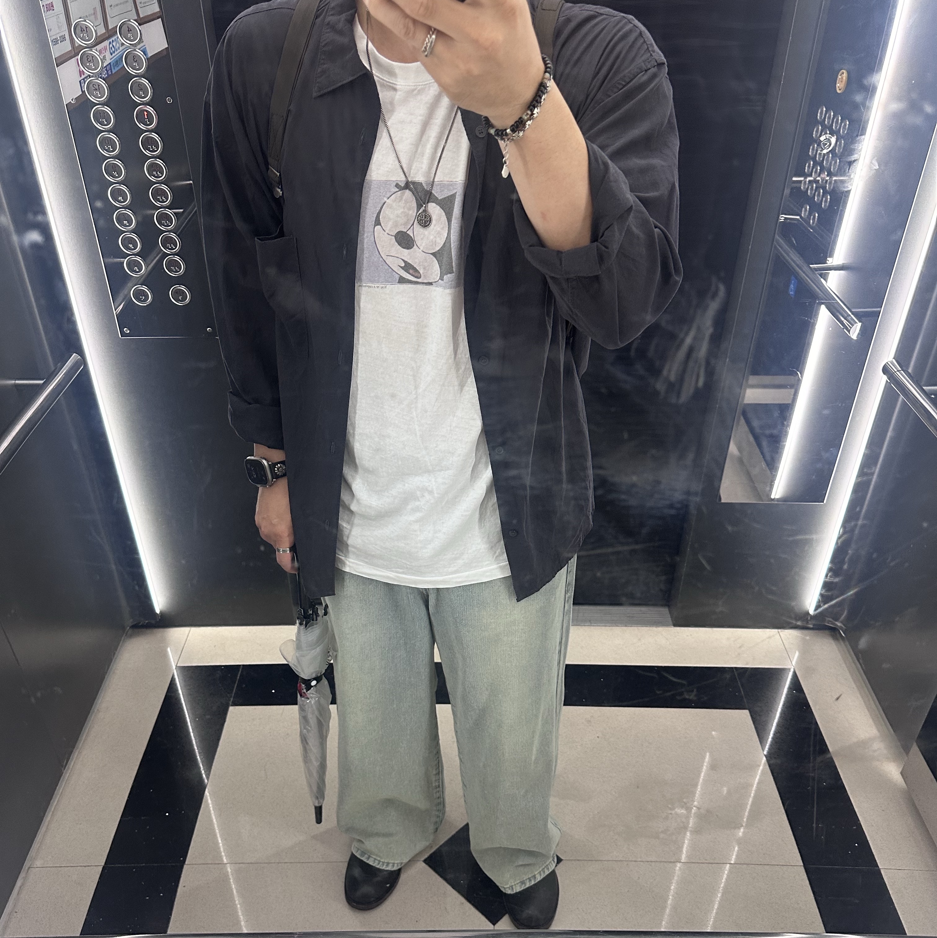 Polyteru Tenco Loosed Shirt 2.0 Dark Navy 착용 스타일