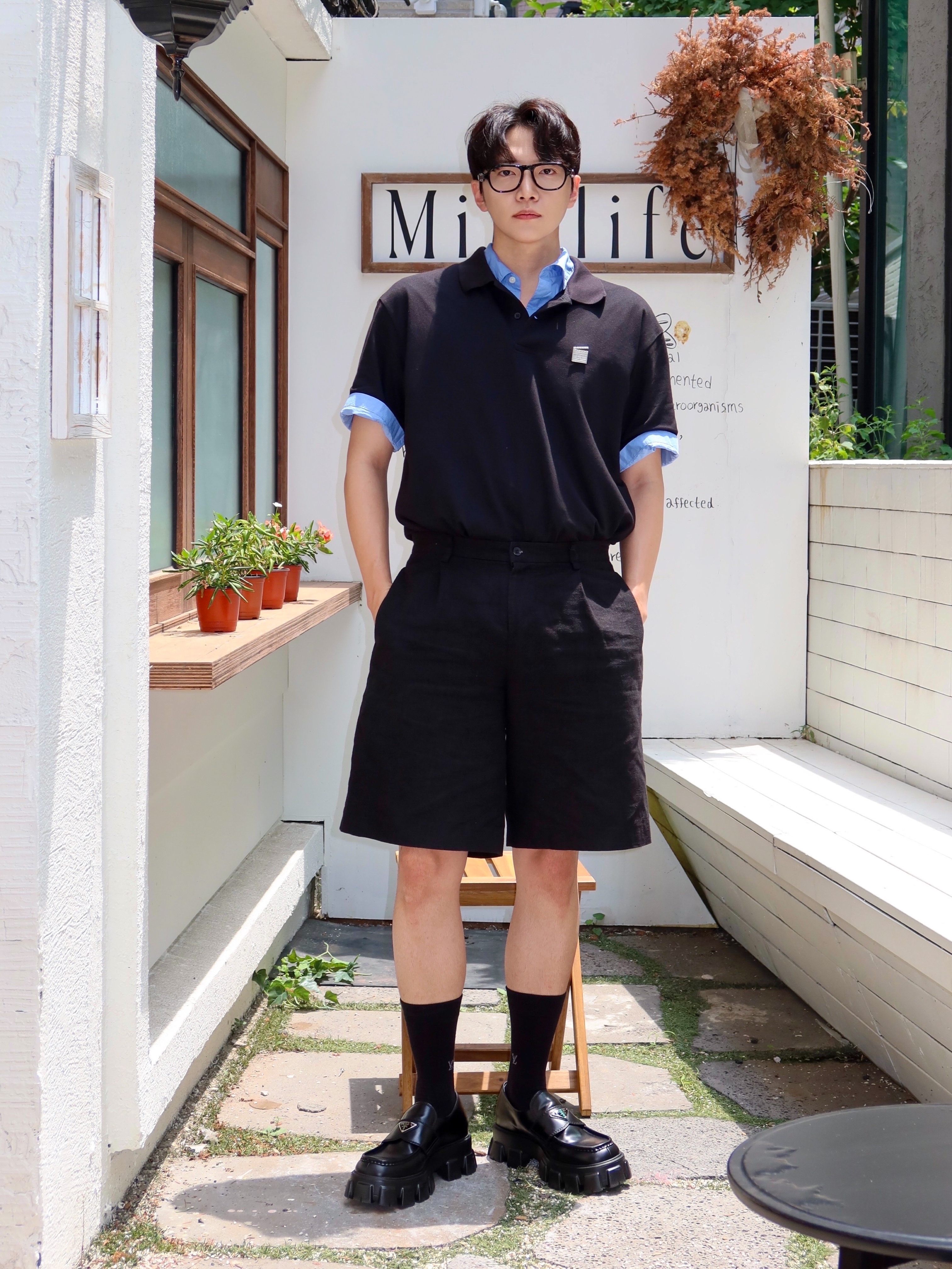 Prada Monolith Brushed Leather Loafers Black, Gentle Monster x Maison Margiela MM113 Black Clear 착용 스타일 - 3