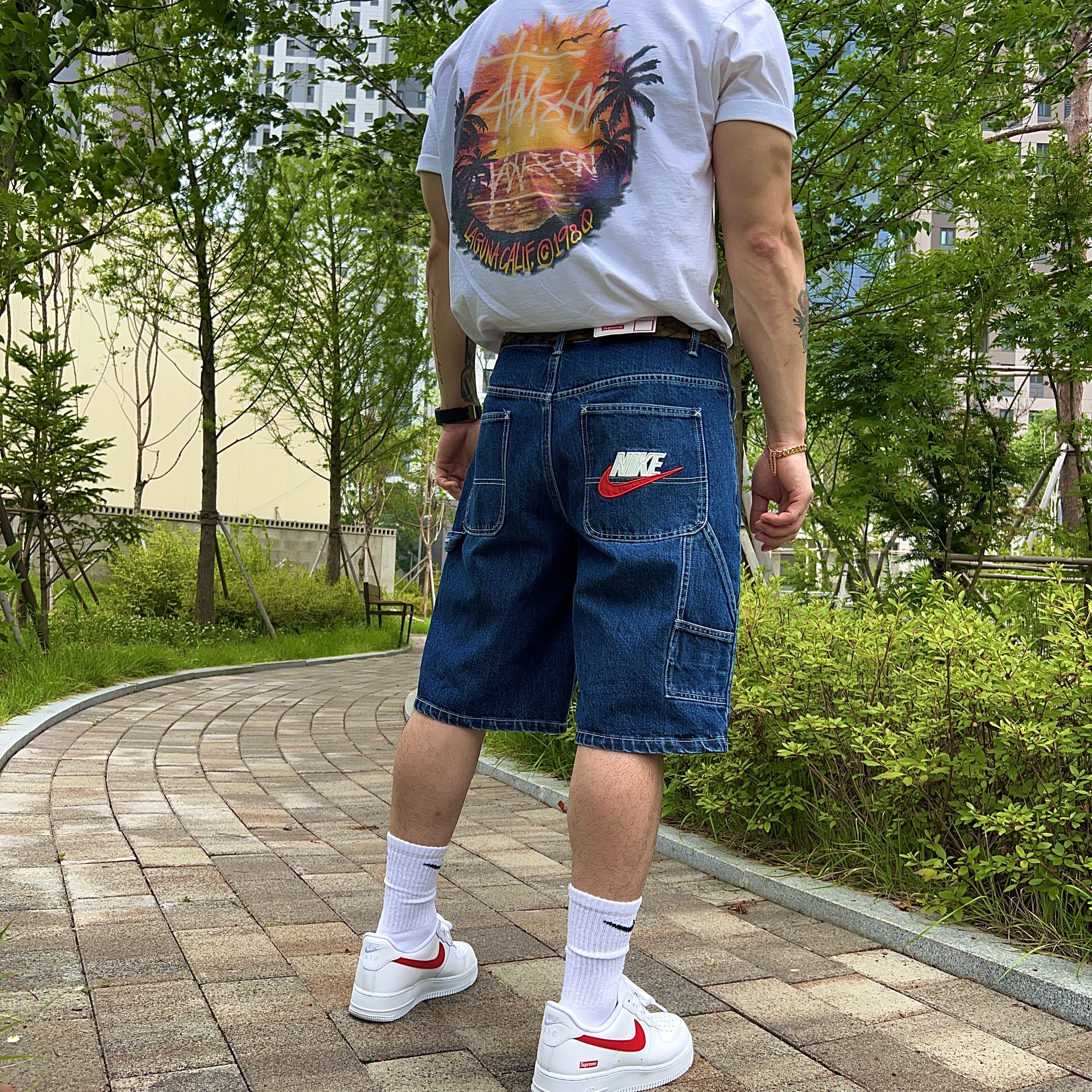 Supreme x Nike Denim Short Indigo - 24SS, Nike x Supreme Air Force 1 Low White Speed Red - Shanghai Store Exclusive 착용 스타일