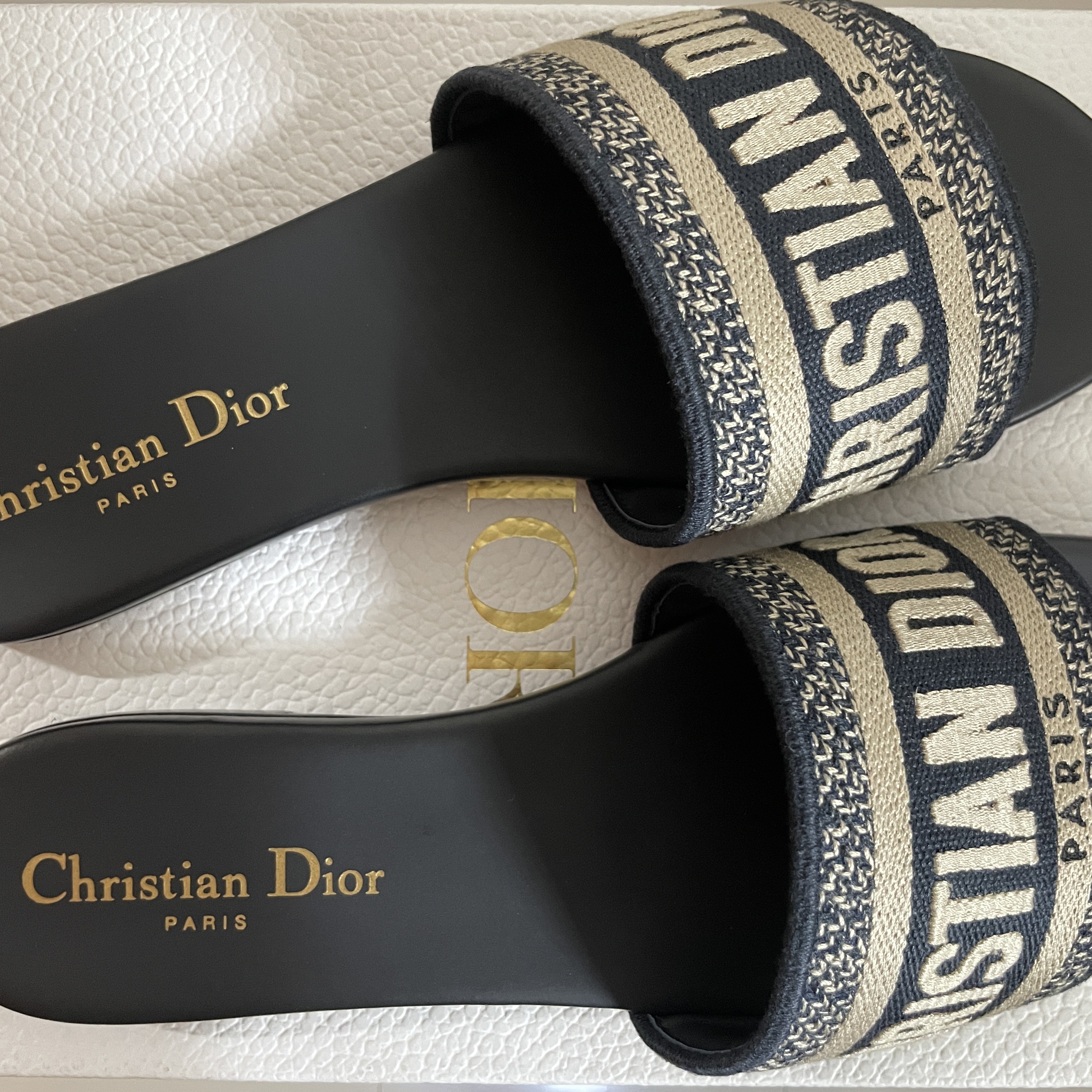 (W) Dior Dway Mule Embroidered Cotton Deep Blue 착용 스타일 - 2