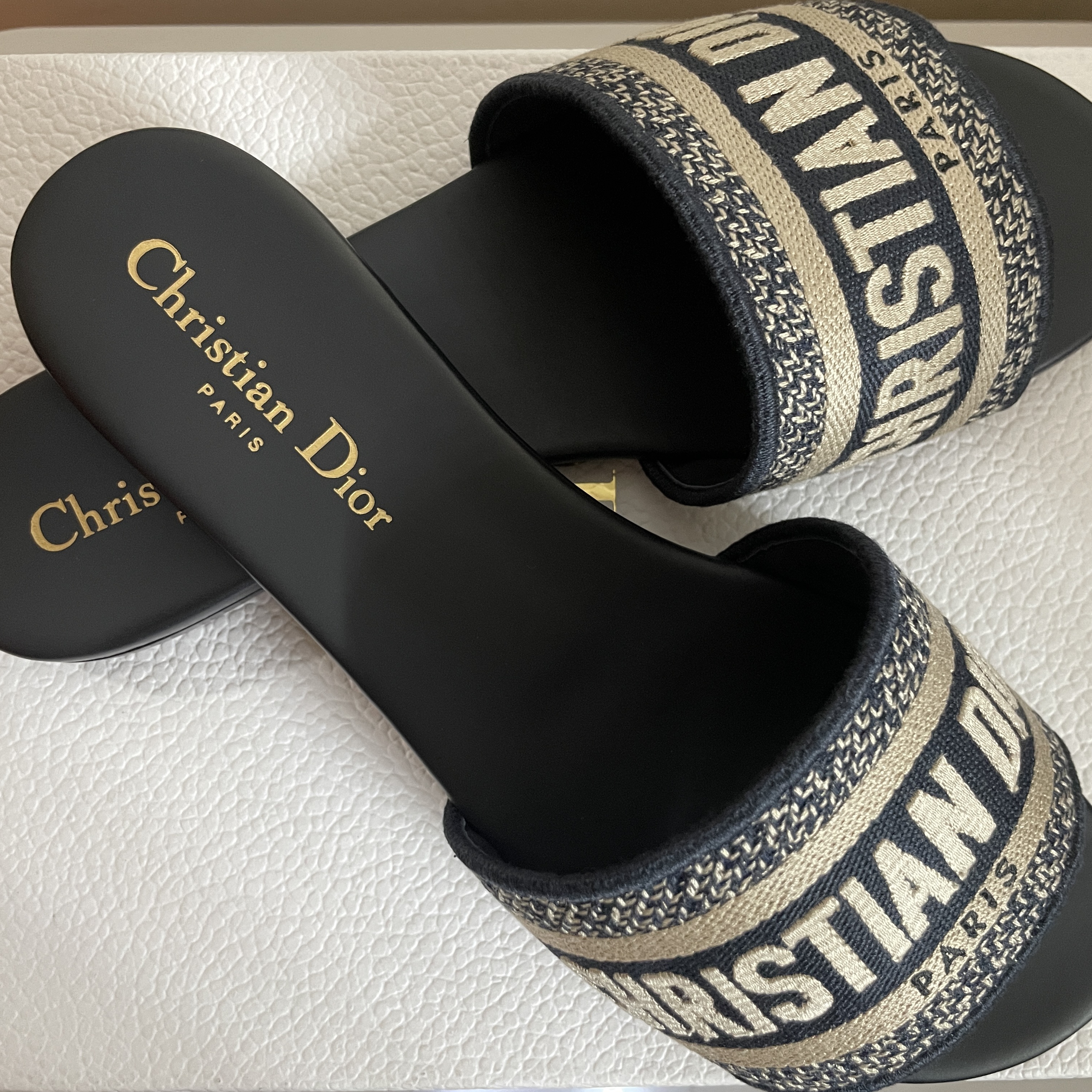 (W) Dior Dway Mule Embroidered Cotton Deep Blue 착용 스타일 - 1