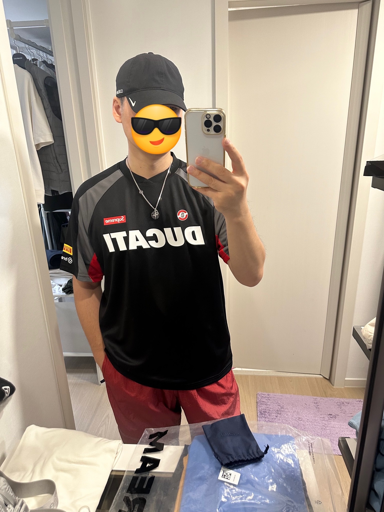 Dior x Stone Island Pendants Necklace Brass and Black Resin Silver-Finish, Supreme x Ducati Soccer Jersey Black - 24SS 착용 스타일
