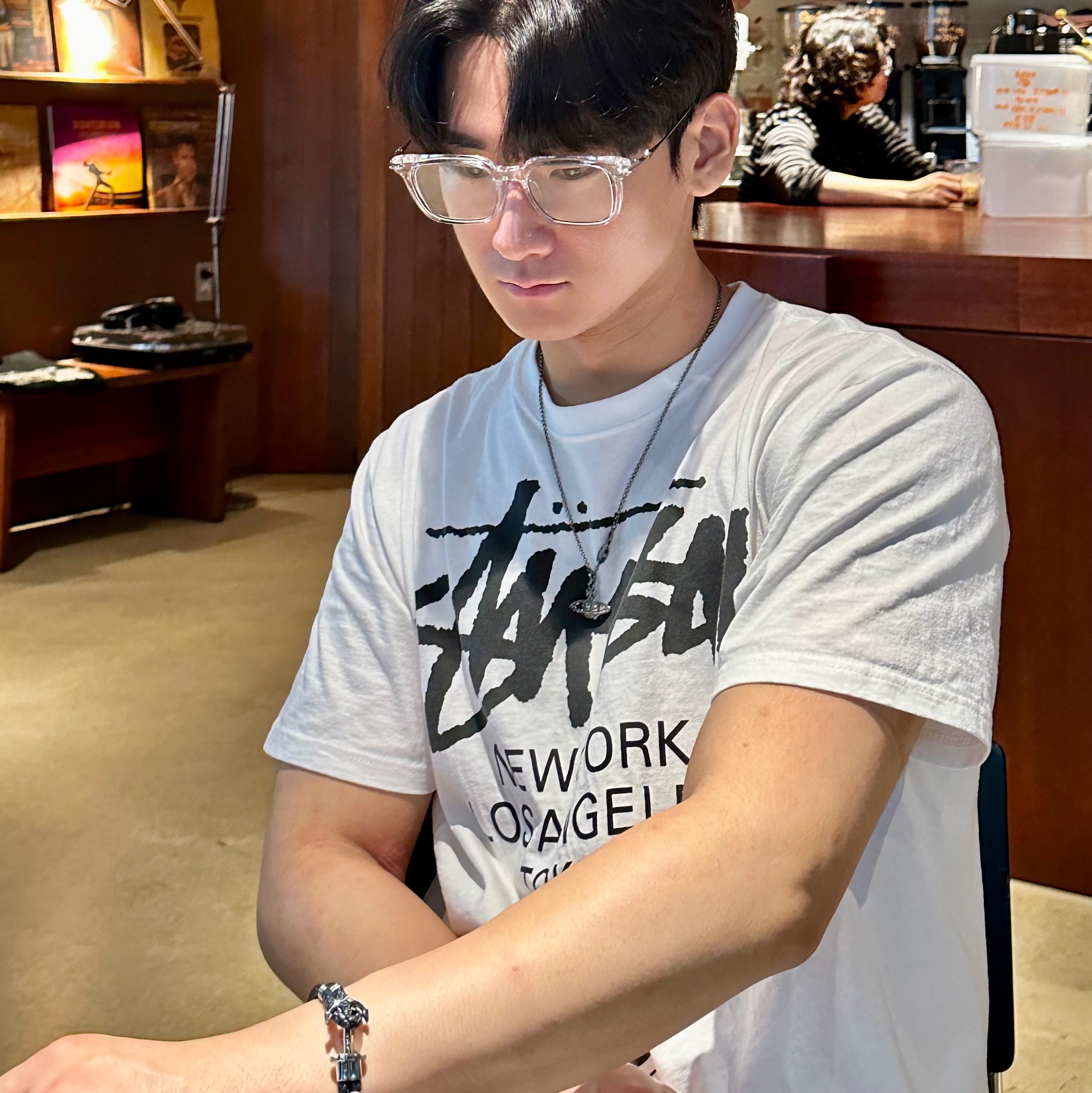 Gentle Monster Ego C1 Translucent Clear, Stussy World Tour T-Shirt White 2024,2025 착용 스타일 - 1