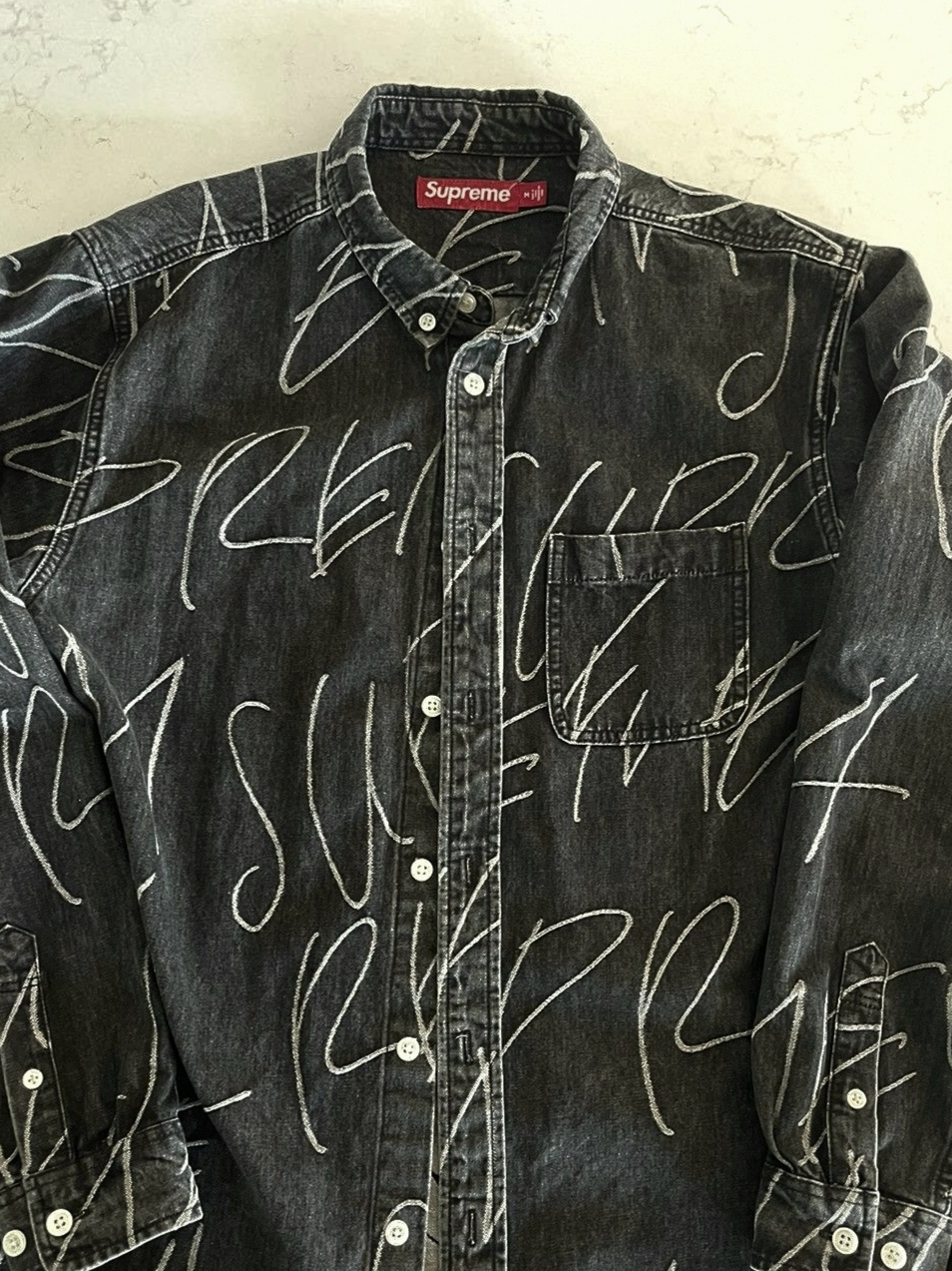 Supreme Handwriting Jacquard Denim Shirt Washed Black - 23FW 착용 스타일