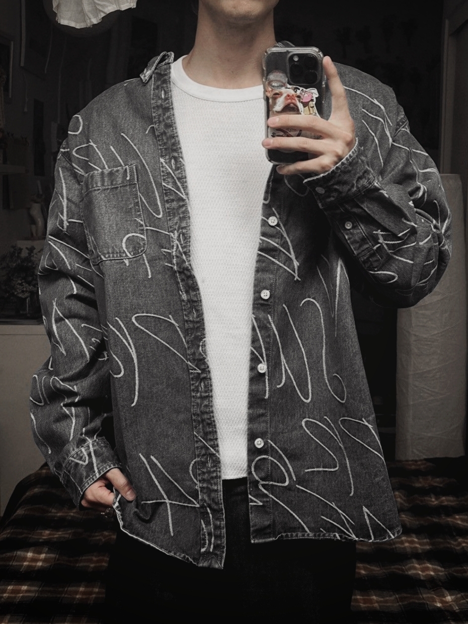 Supreme Handwriting Jacquard Denim Shirt Washed Black - 23FW 착용 스타일