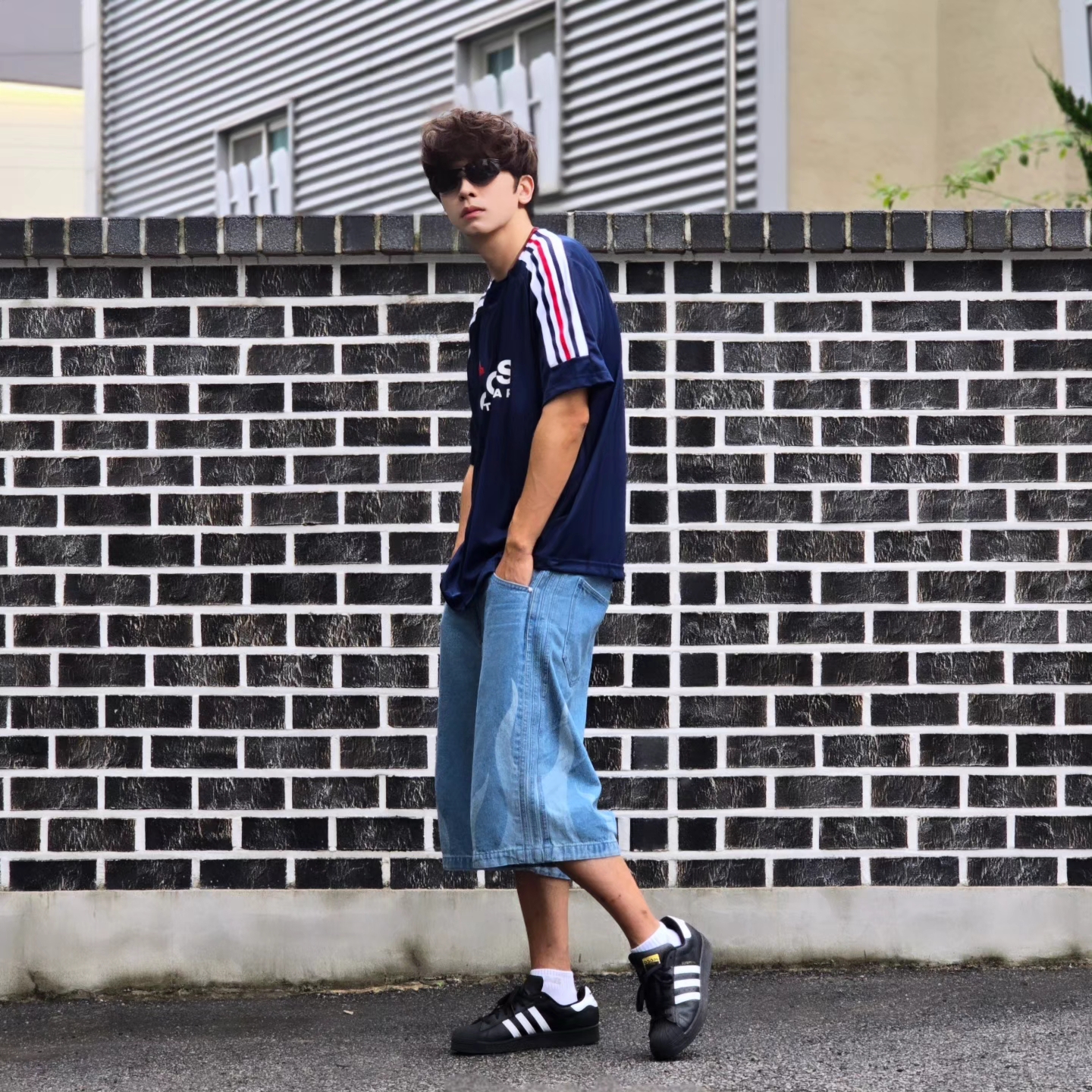 Adidas House of Tiro Nations Pack T-Shirt Team Navy Blue 2 - KR Sizing, Adidas Flames Denim Shorts Blue - KR Sizing 착용 스타일 - 7