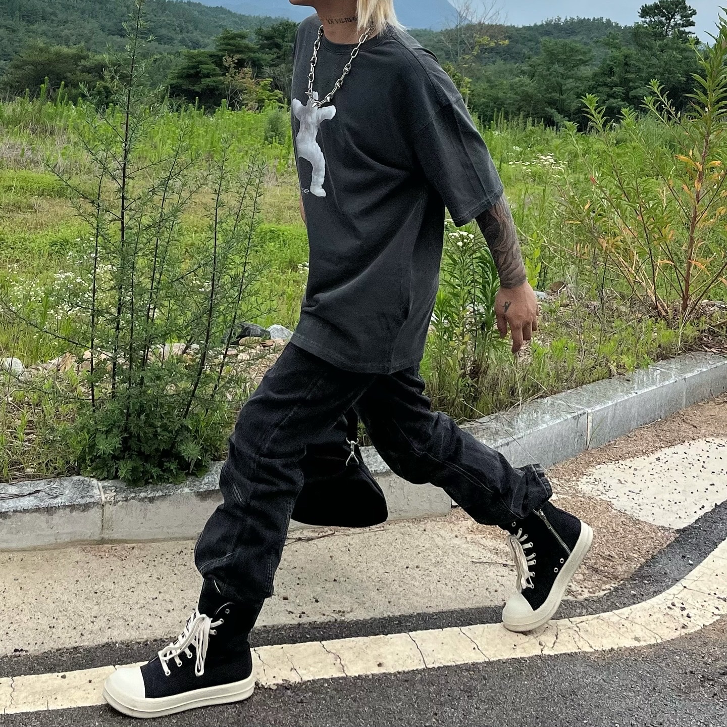 Rick Owens Drkshdw Calf Leather Penta Sneakers Black Milk White 착용 스타일 - 2