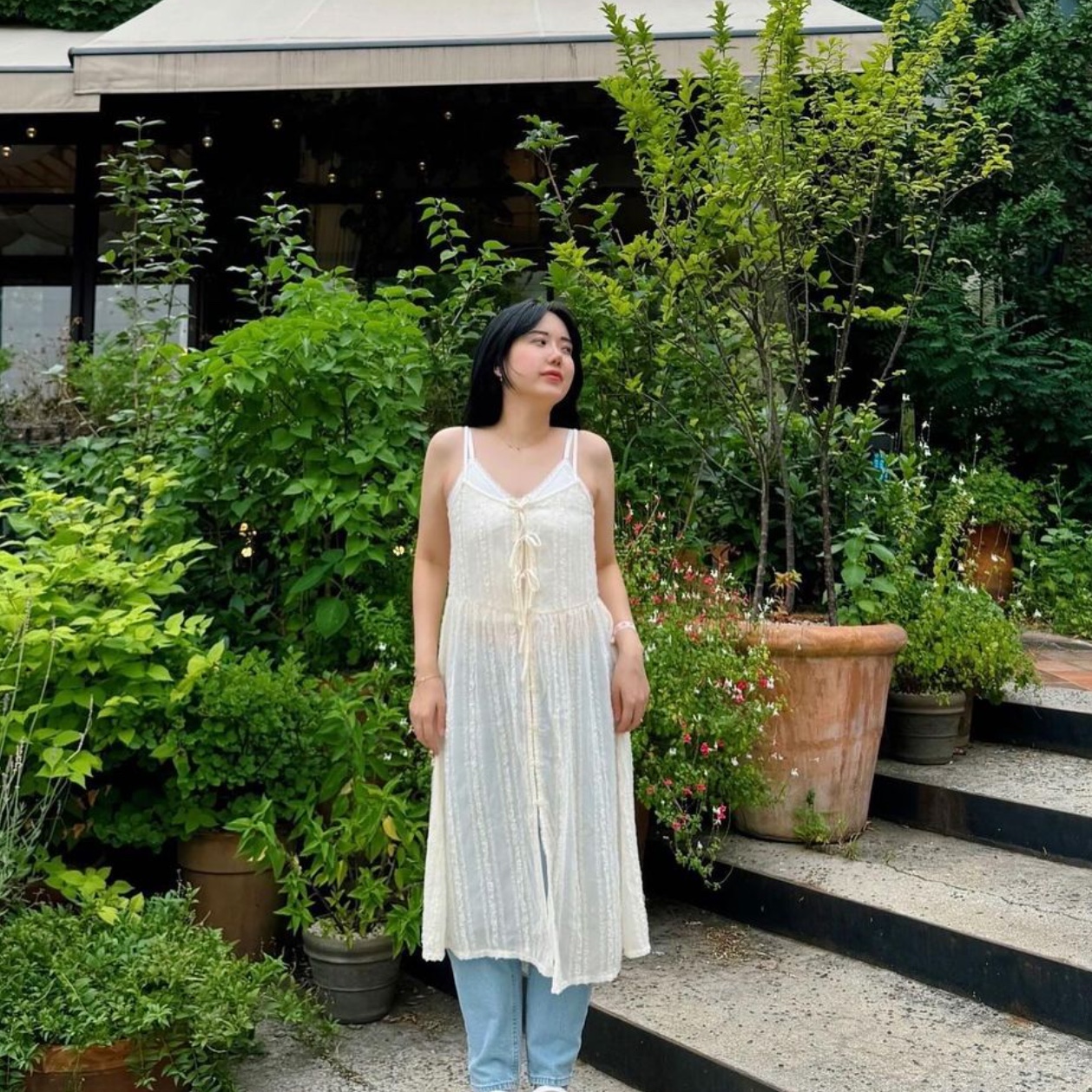 Margarin Fingers Lace Chiffon One Piece White 착용 스타일