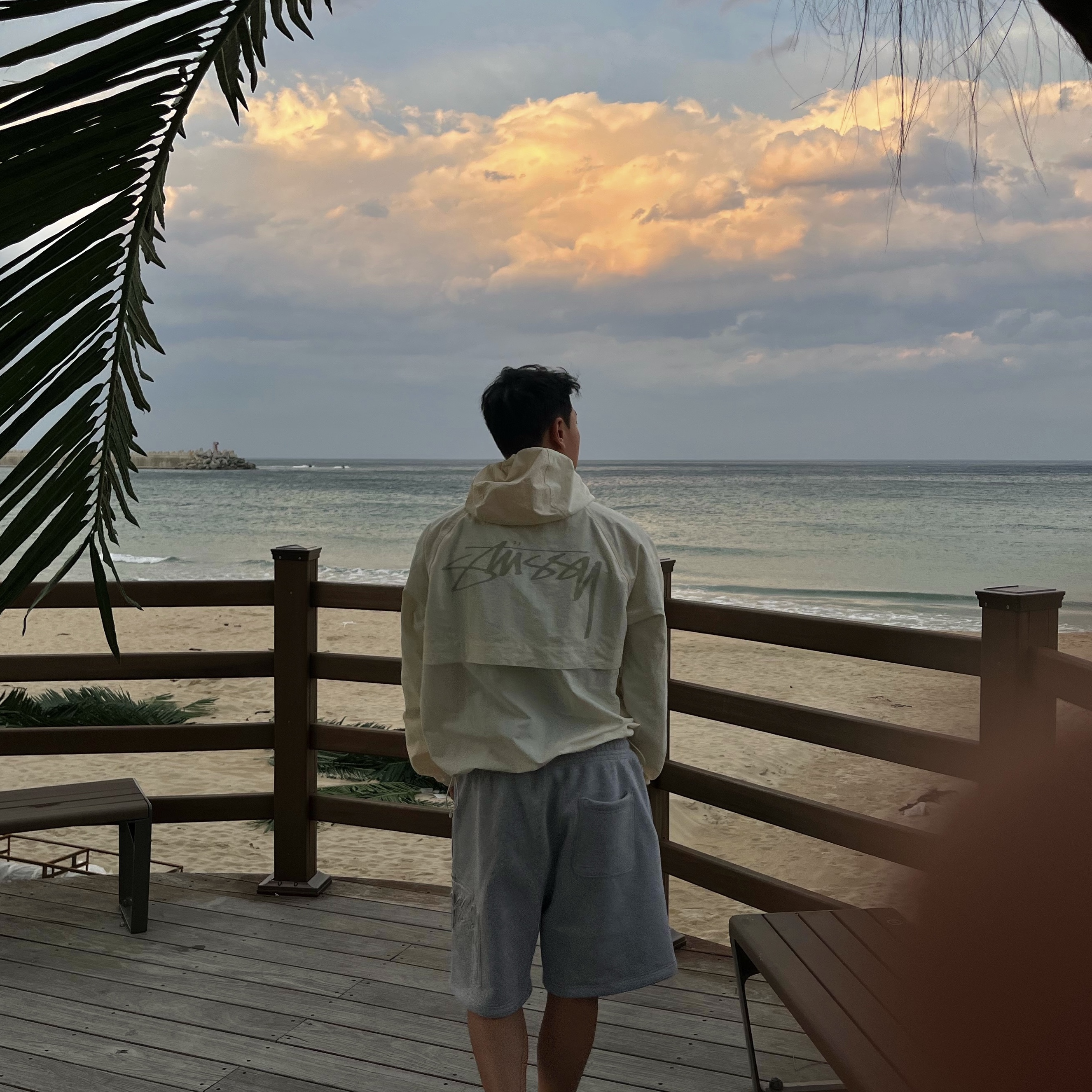 Stussy Wave Dye Beach Shell Jacket Bone, Stussy Tonal Applique Fleece Shorts Grey Heather 착용 스타일