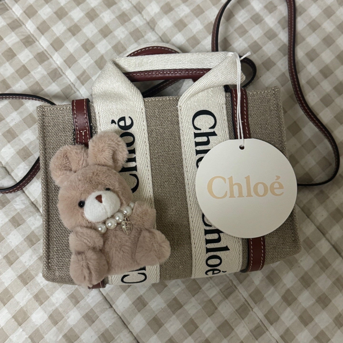Chloe Woody Mini Tote Bag White Brown 착용 스타일