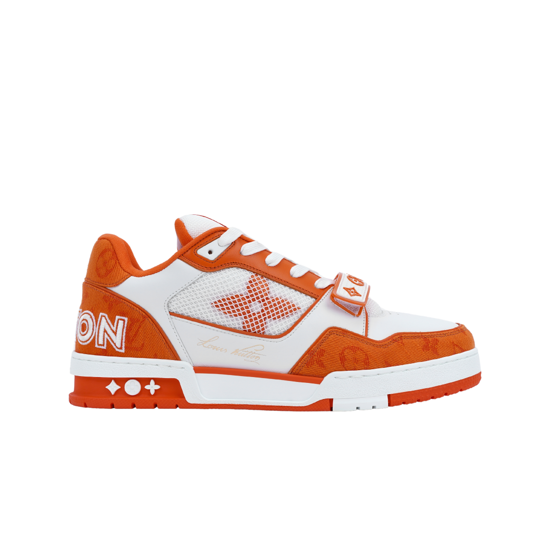 루이비통 벨크로 스트랩 LV 트레이너 스니커즈 모노그램 데님 오렌지(Louis Vuitton Velcro Strap LV Trainer Sneaeker Monogram Denim Orange)
