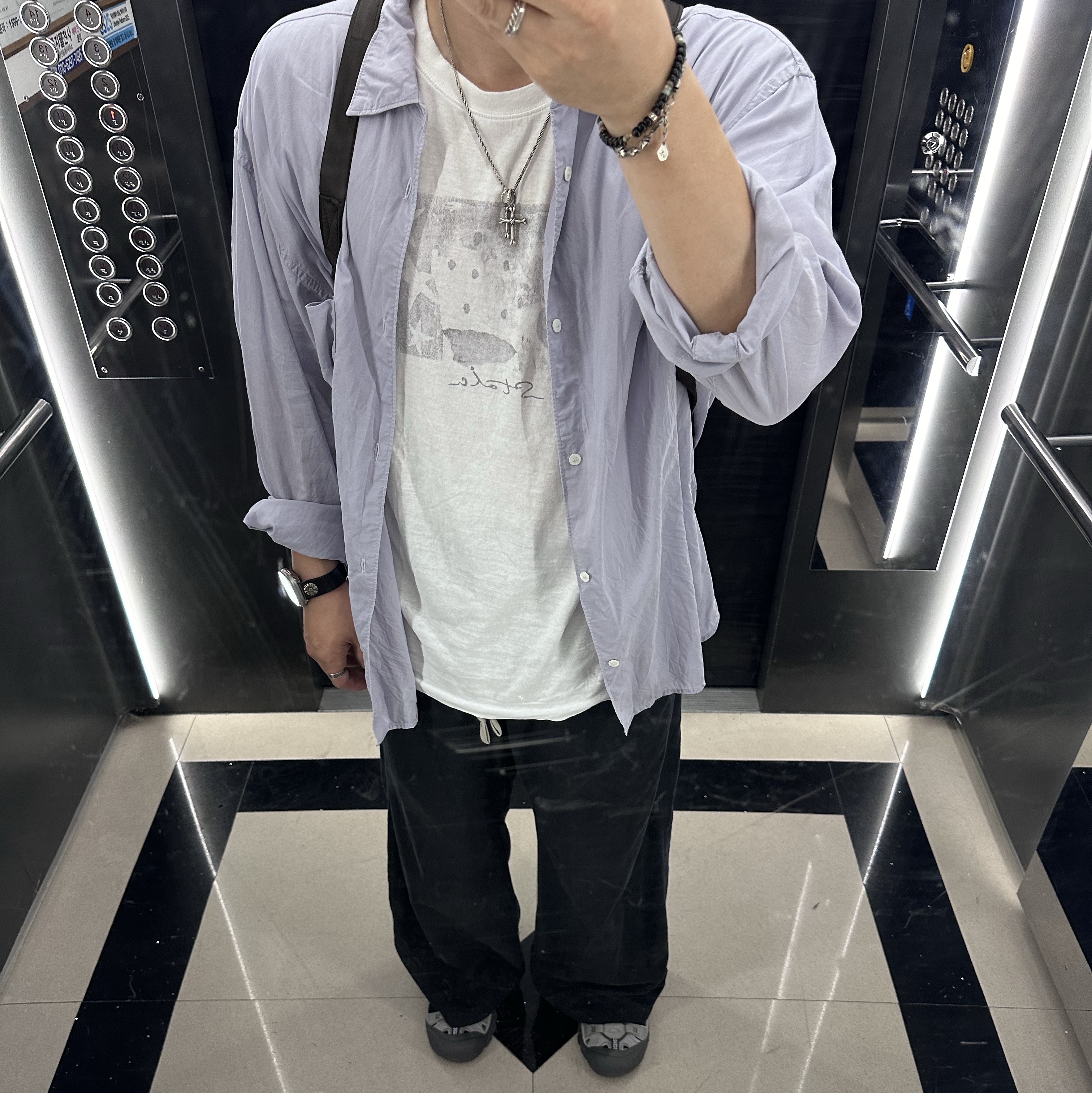 [프리오더] Polyteru 925 Silver Pendant Cross Bone, Polyteru HANK 1/2 Graphic T-Shirt 'Starmie' White 착용 스타일