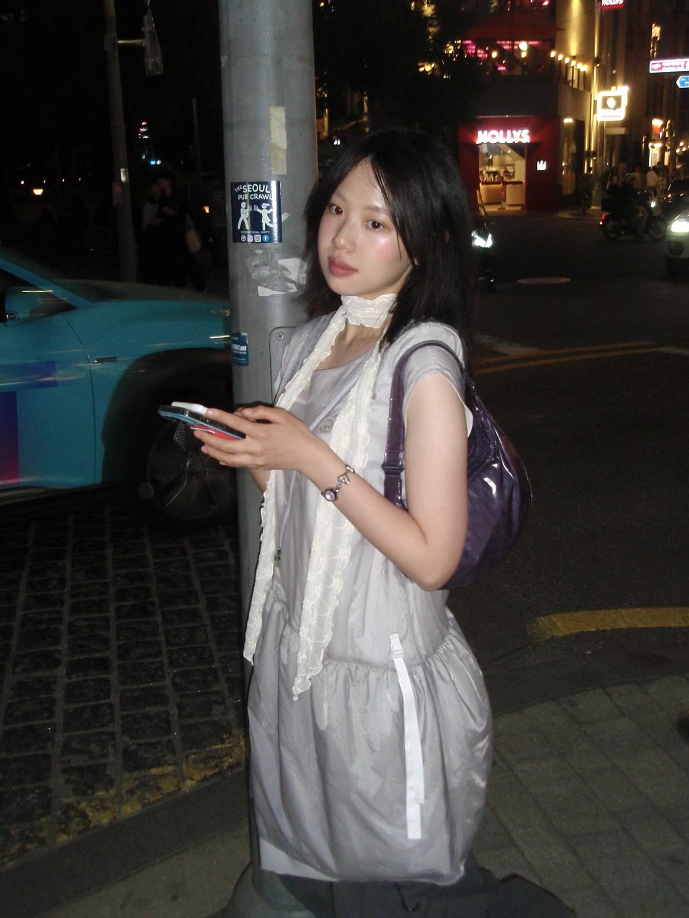 Coyseio Puff Shirring One Piece Purple Grey 착용 스타일 - 2