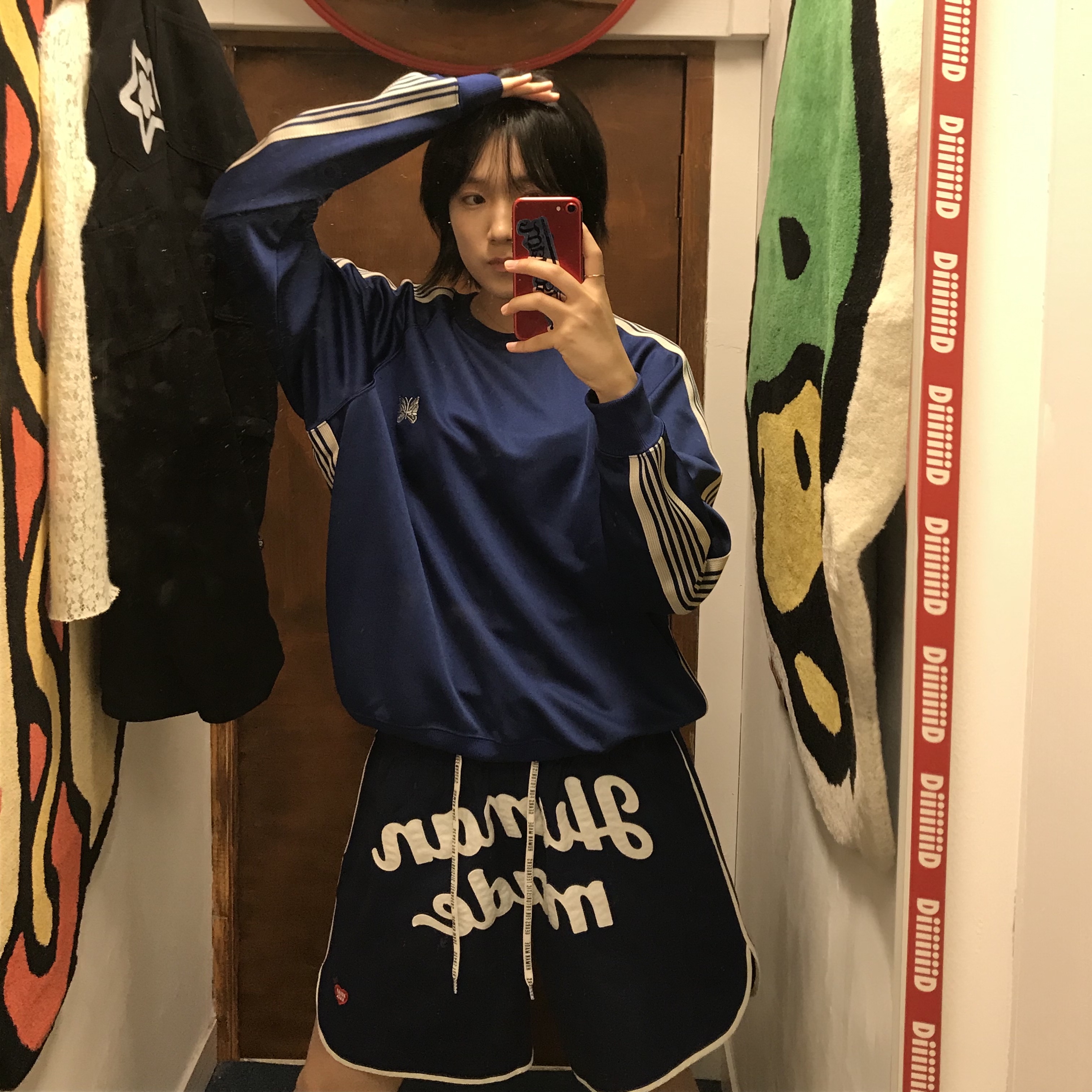 Human Made Game Shorts Navy, Needles Track Crew Neck Shirt Poly Smooth Royal 착용 스타일 - 4