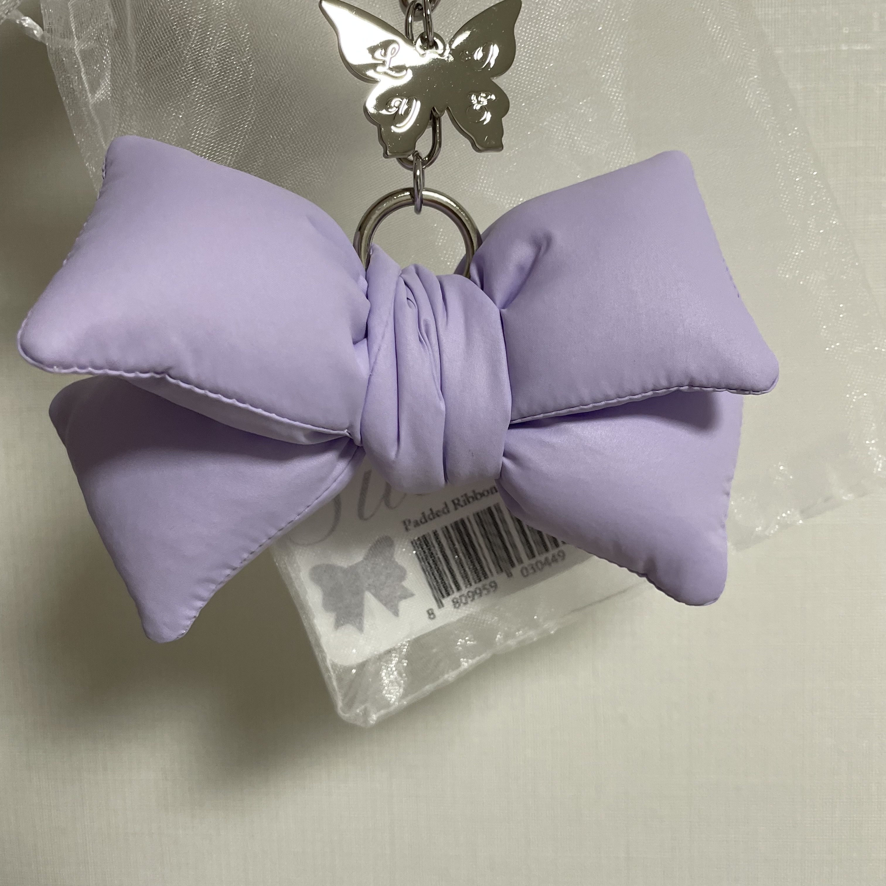 Bloomingtale Padded Ribbon Keyring Lilac 착용 스타일