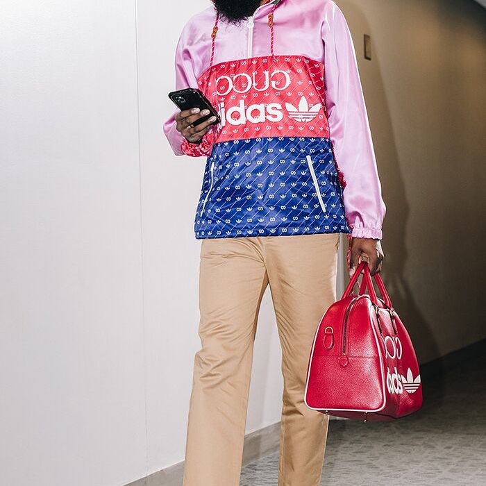 Gucci x Adidas Acetate Jacket Pink 착용 스타일