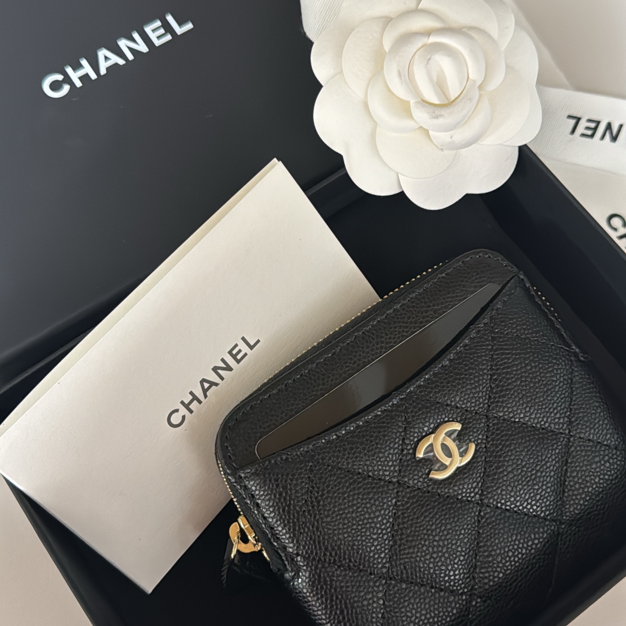 Chanel Classic Zipped Coin Card Holder Grained Shiny Calfskin & Gold Black 착용 스타일
